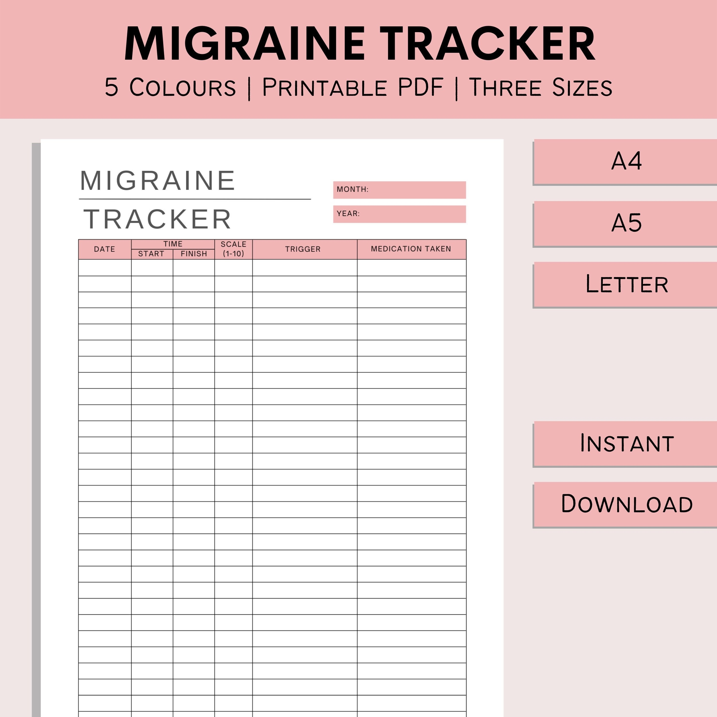 Migraine Tracker Printable Headache Log Health Journal 