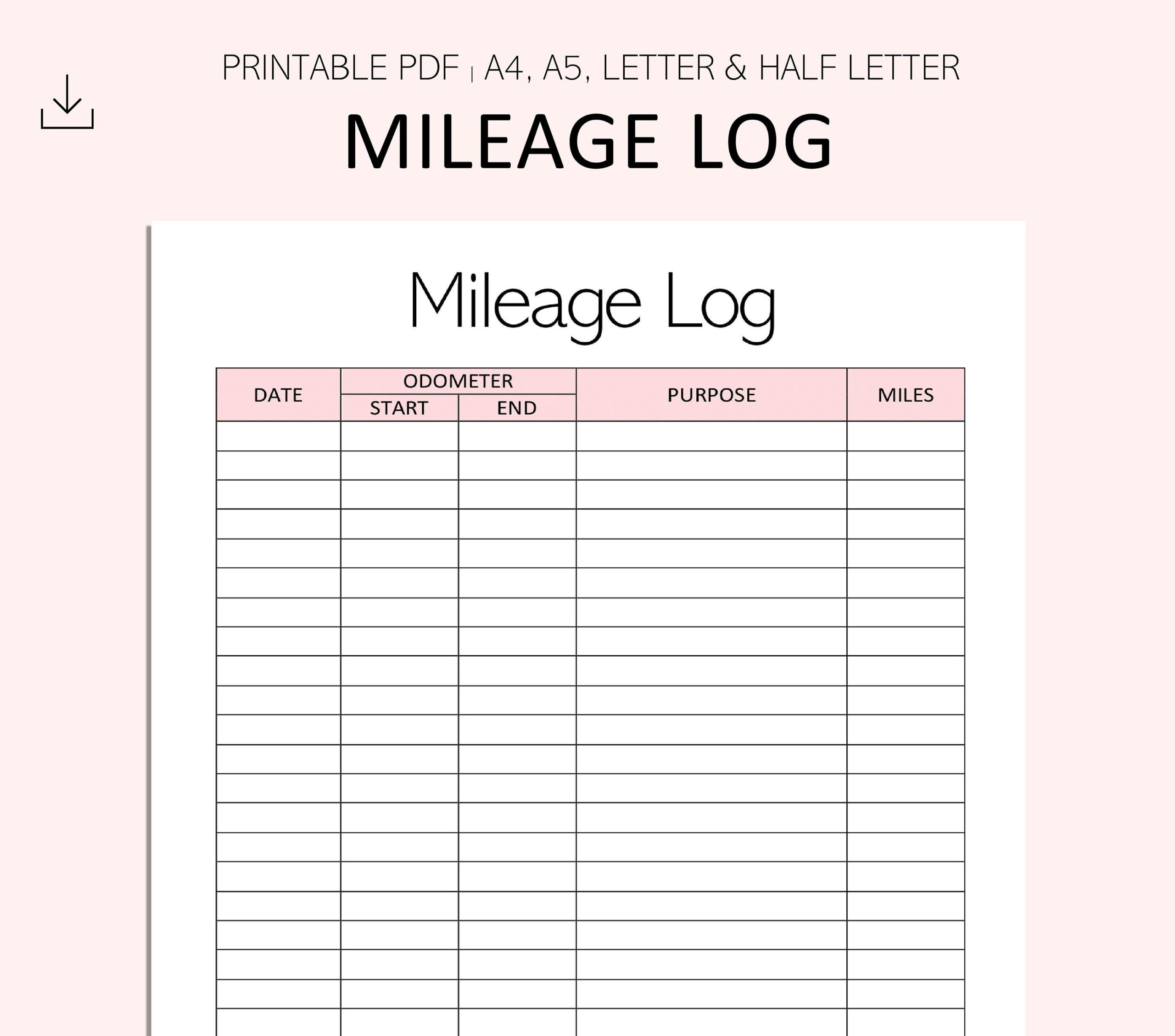 Mileage Log Printable Vehicle Miles Travelled Tracker Mileage Tracker Car Mileage Printable PDF A4 A5 Letter Half Letter