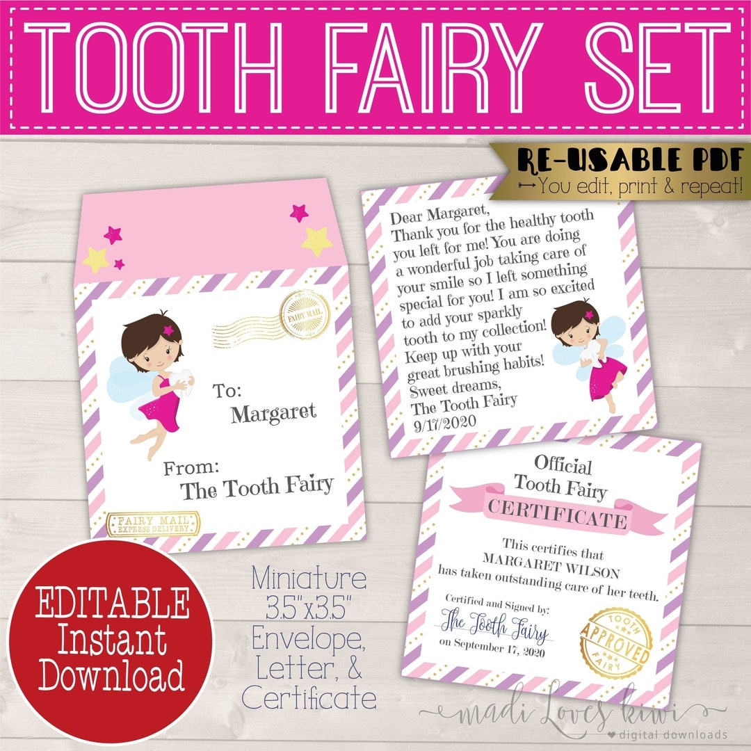 Mini Tooth Fairy Letter Printable With Envelope Editable Lost Tooth Certificate PDF Template Girl Mail Idea Receipt Download First Report Etsy