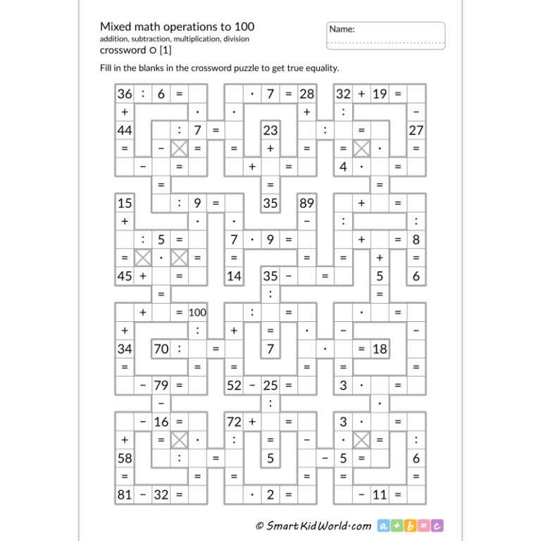Mixed Math Operations To 100 4 Operations Mixed Math Crossword Puzzles Series 1 1 SmartKidWorld