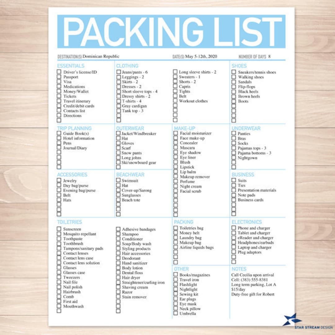 Modern Light Blue Printable Packing List 8 5
