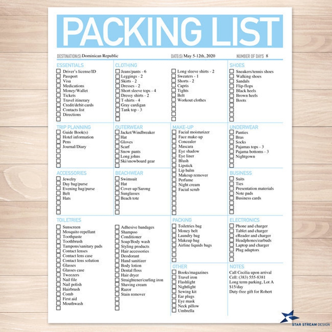 Modern Light Blue Printable Packing List 8 5