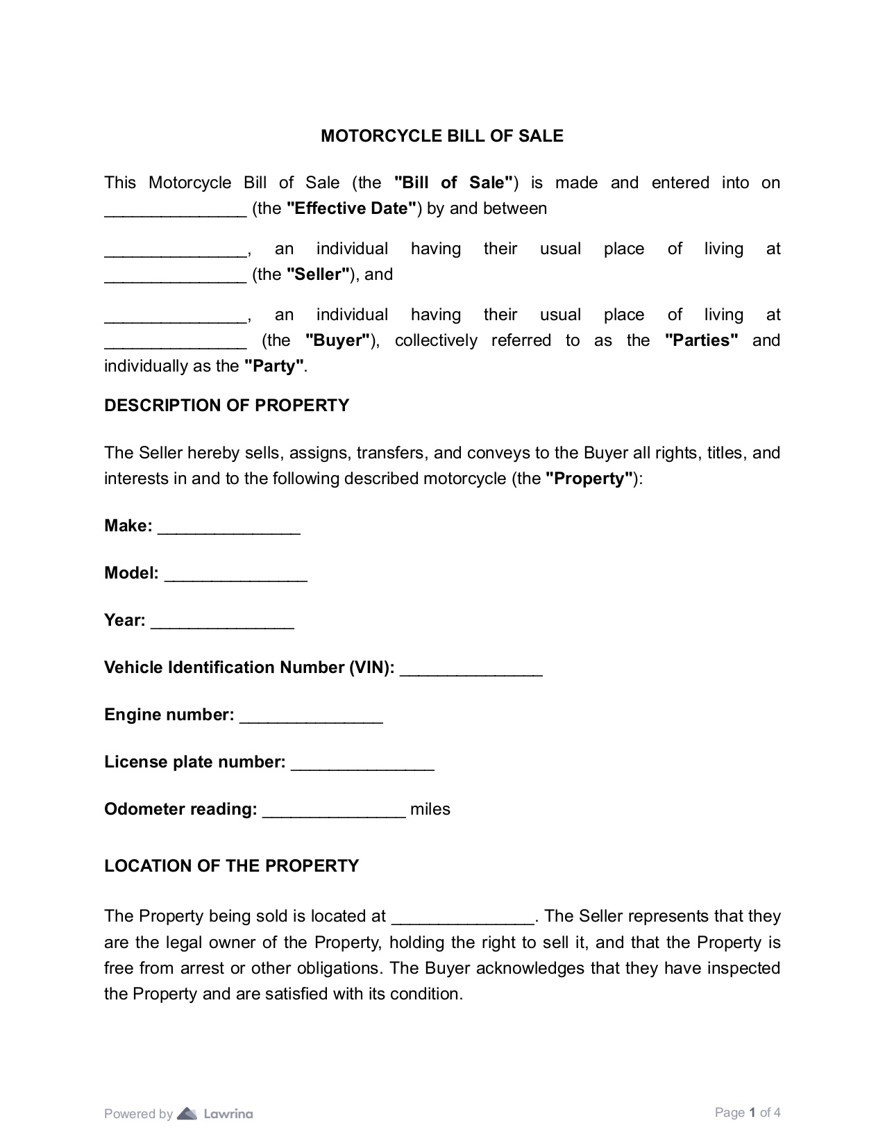 Motorcycle Bill Of Sale Form PDF Lawrina