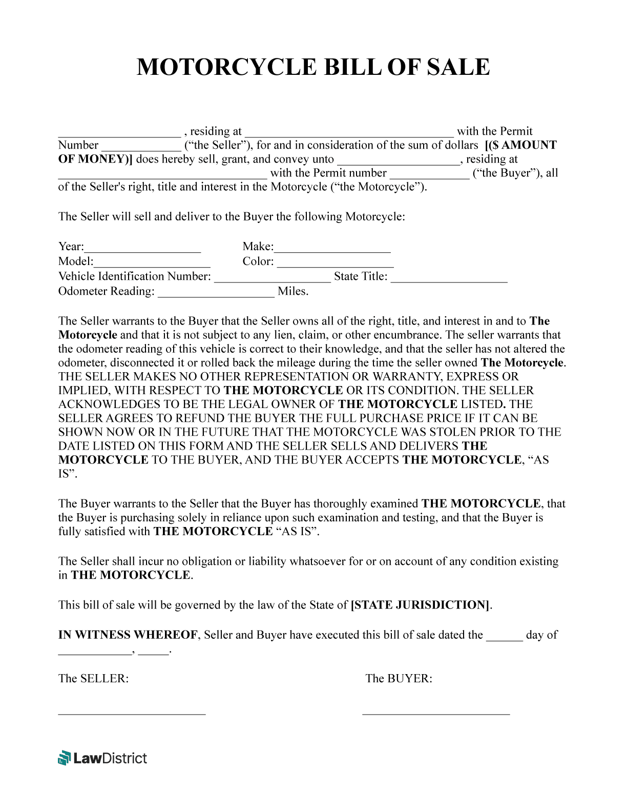 Free Printable Motorcycle Bill Of Sale