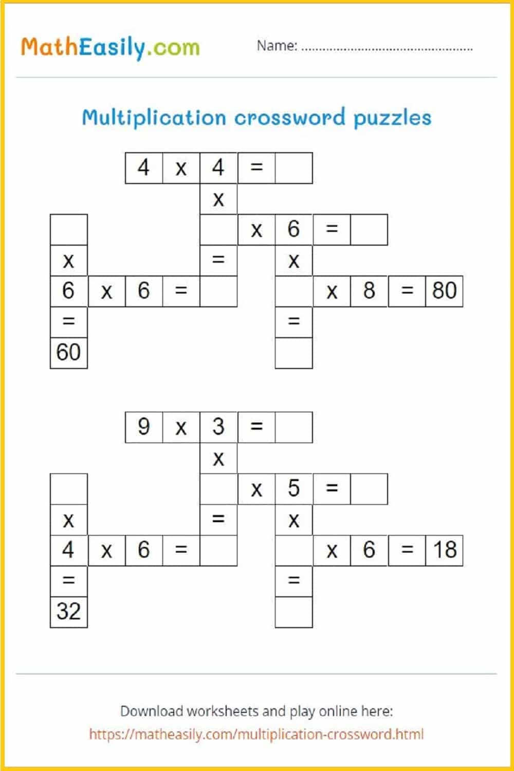 Multiplication Crossword Puzzles Printable Online