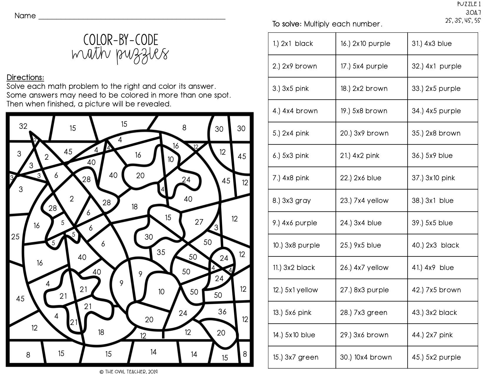 Multiplication Color By Number Free Printables