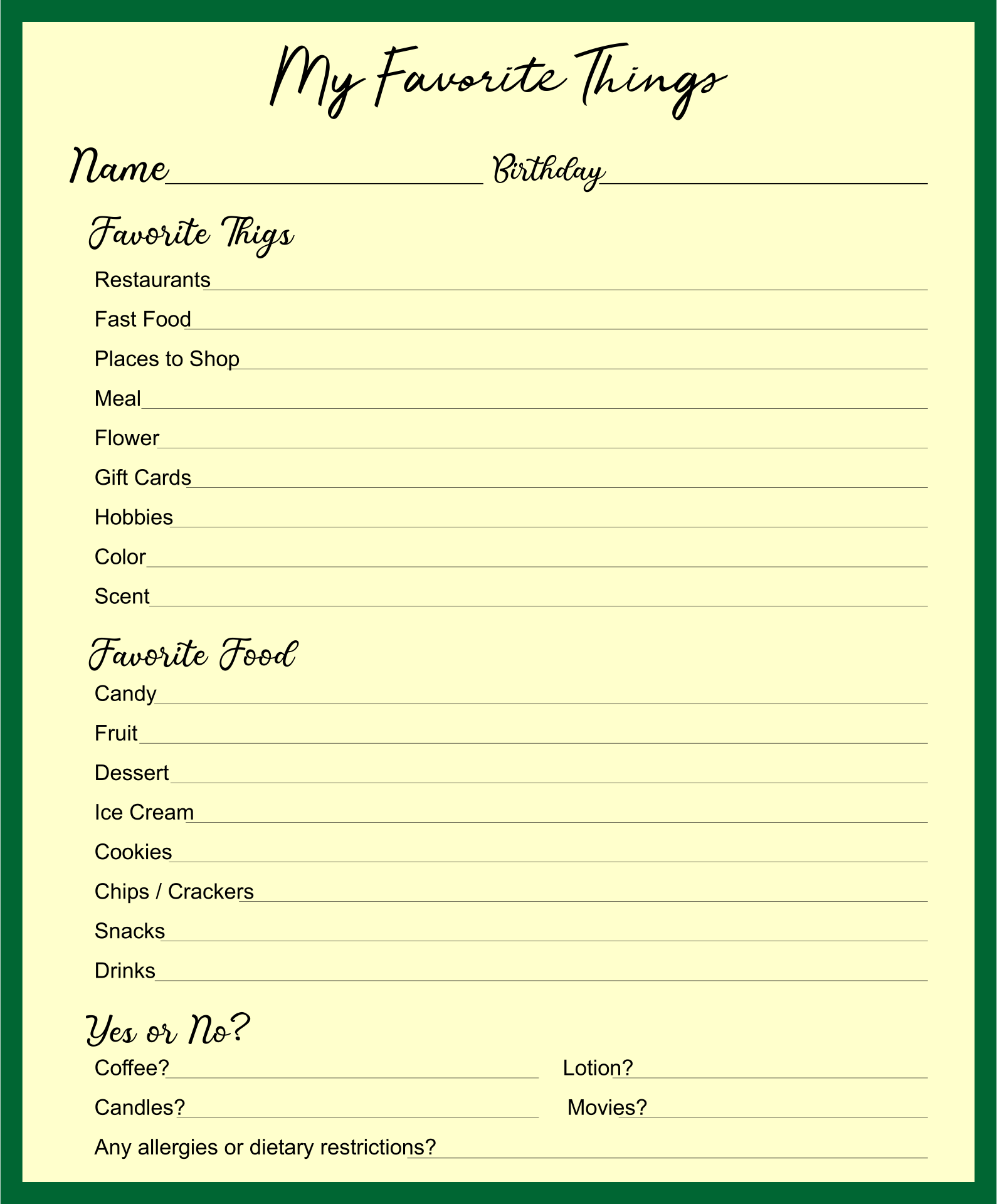 Free Printable Employee Favorite Things List