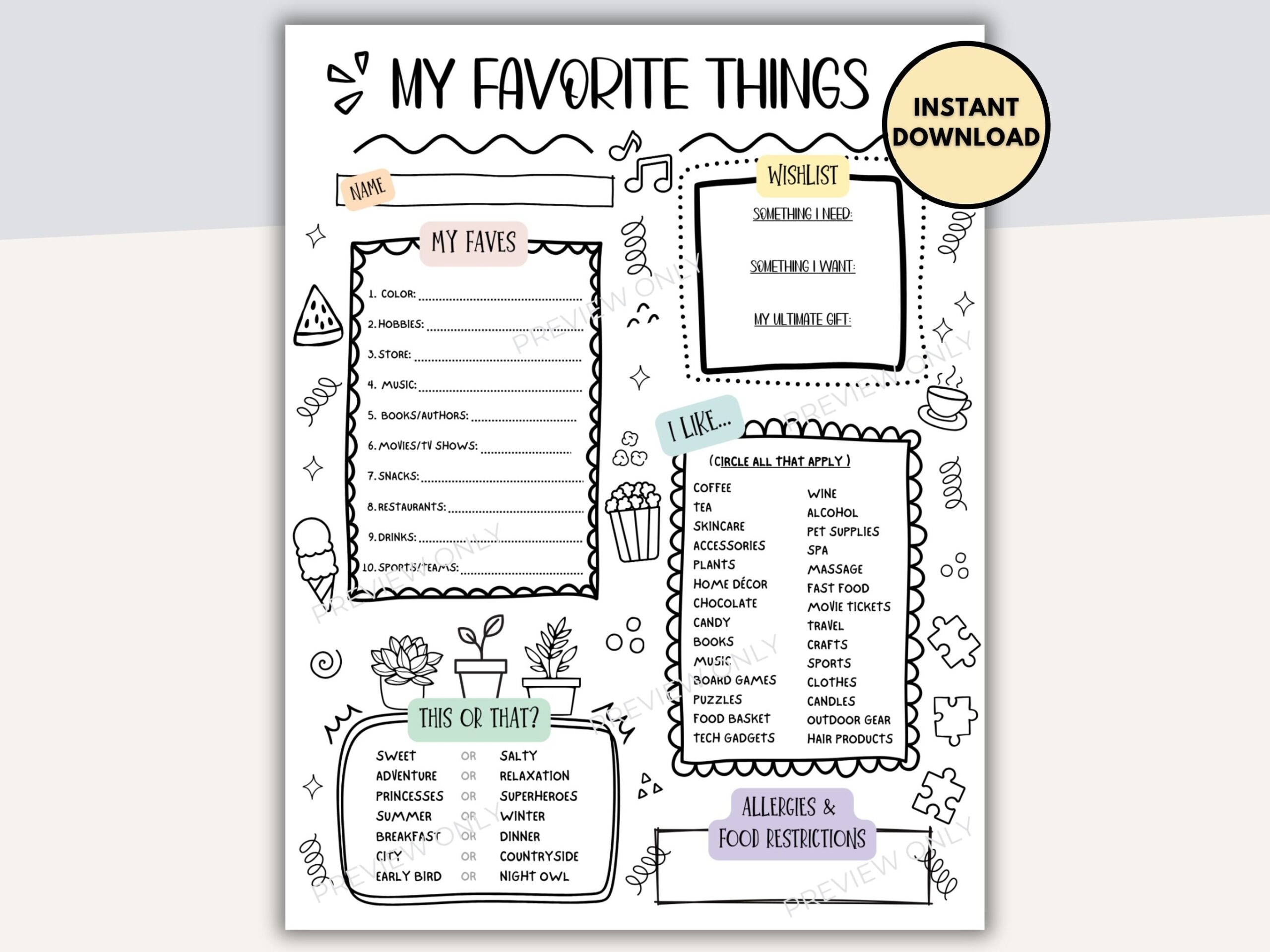 My Favorite Things Survey For Family Employee Favorites Co worker Questionnaire All About Me My Favorite Things List Form Staff Survey Etsy Australia