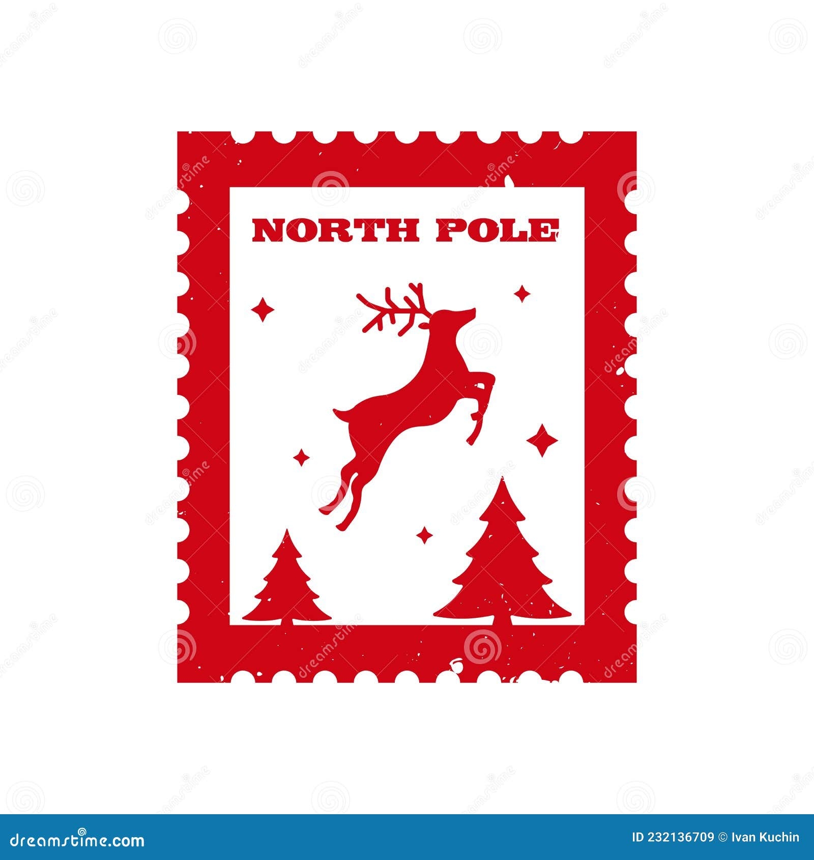 North Pole Holiday Postage Stamp With Reindeer And Christmas Trees Stock Vector Illustration Of Reindeer Correspondence 232136709