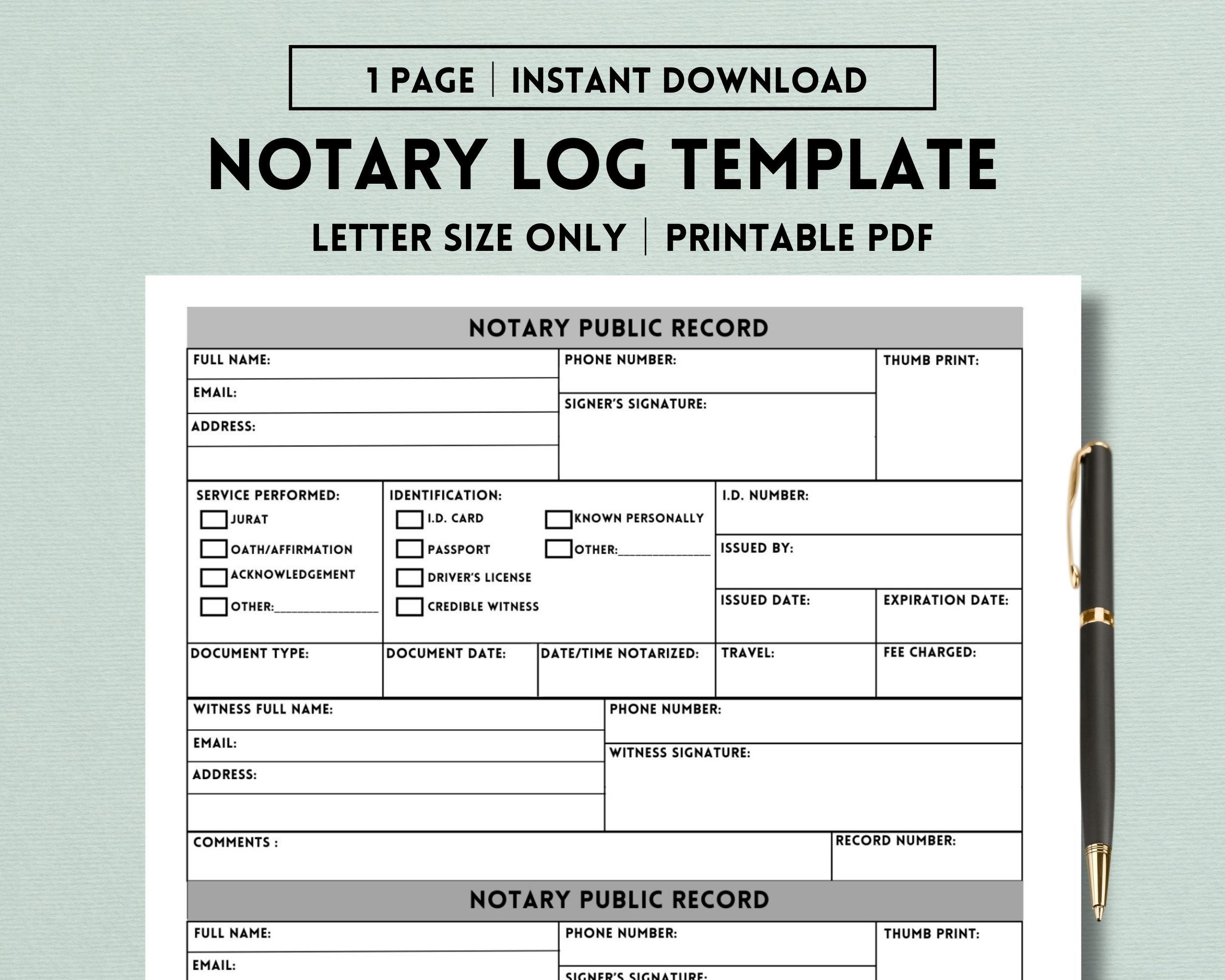 Notary Log Printable Notary Public Record Notary Journal Notary 