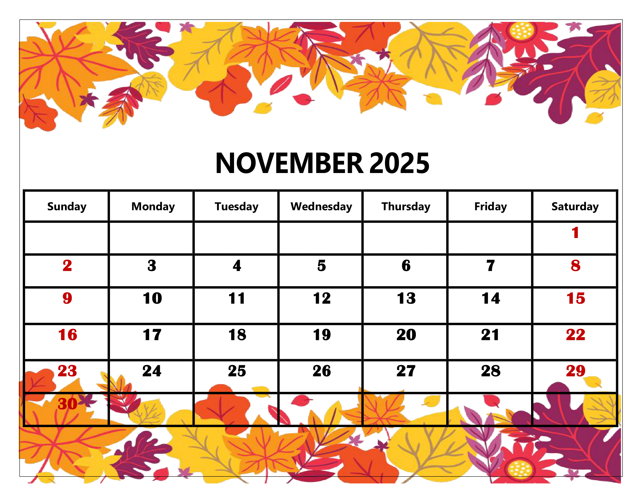 Free Printable November 2025 Calendar