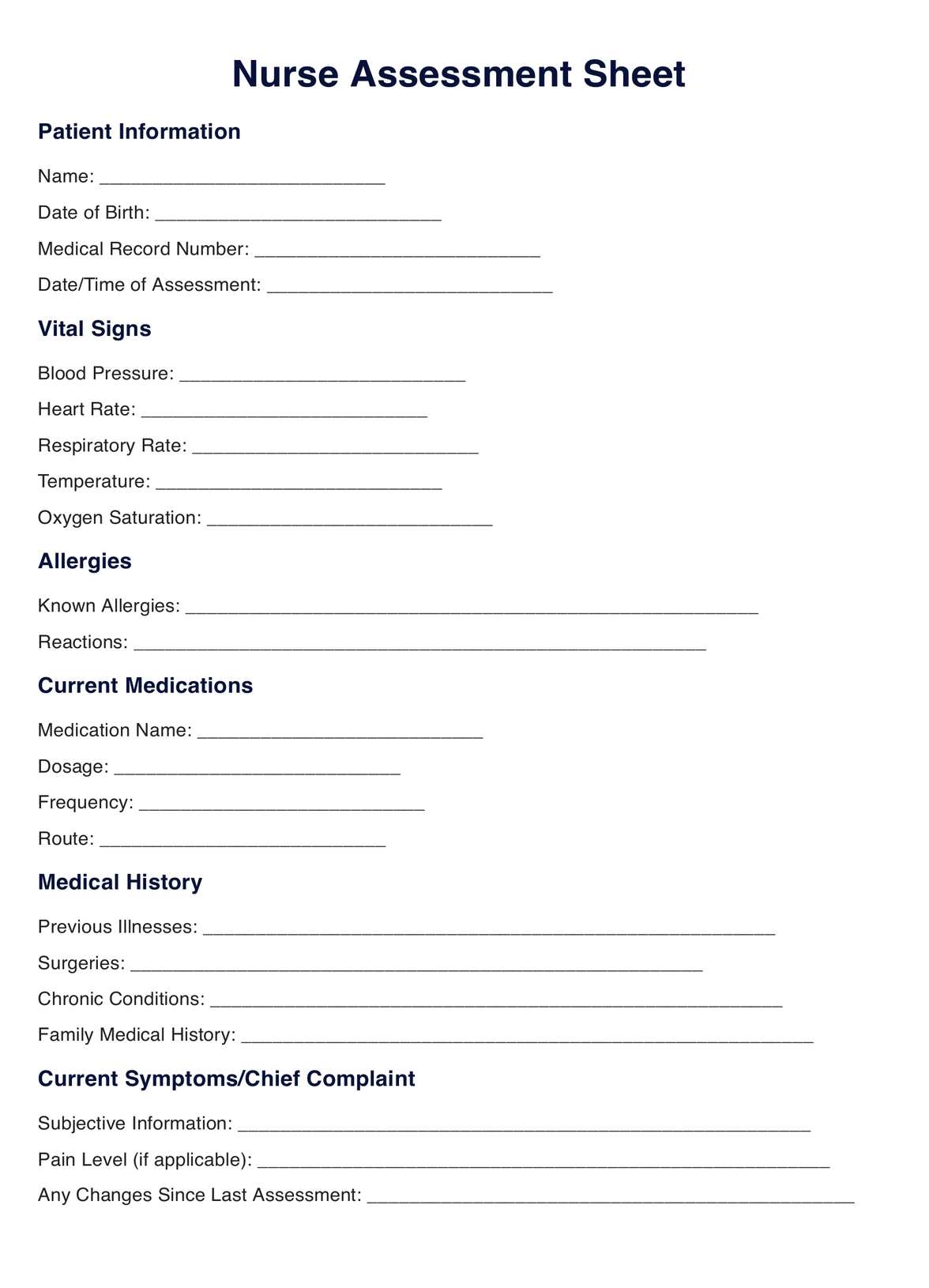 Nurse Assessment Sheet Template U0026 Example Free PDF Download