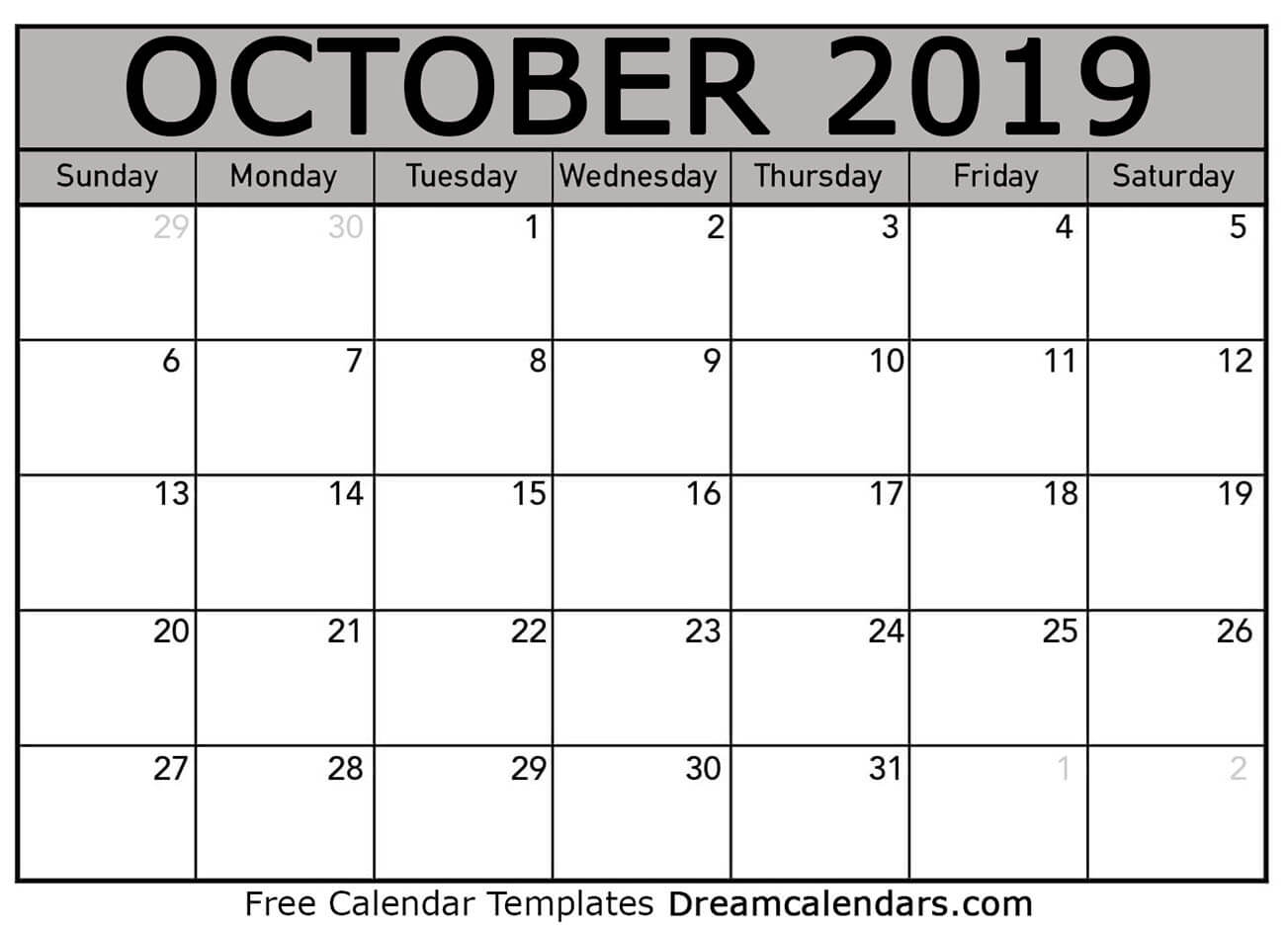 October 2019 Calendar Free Printable With Holidays And Observances