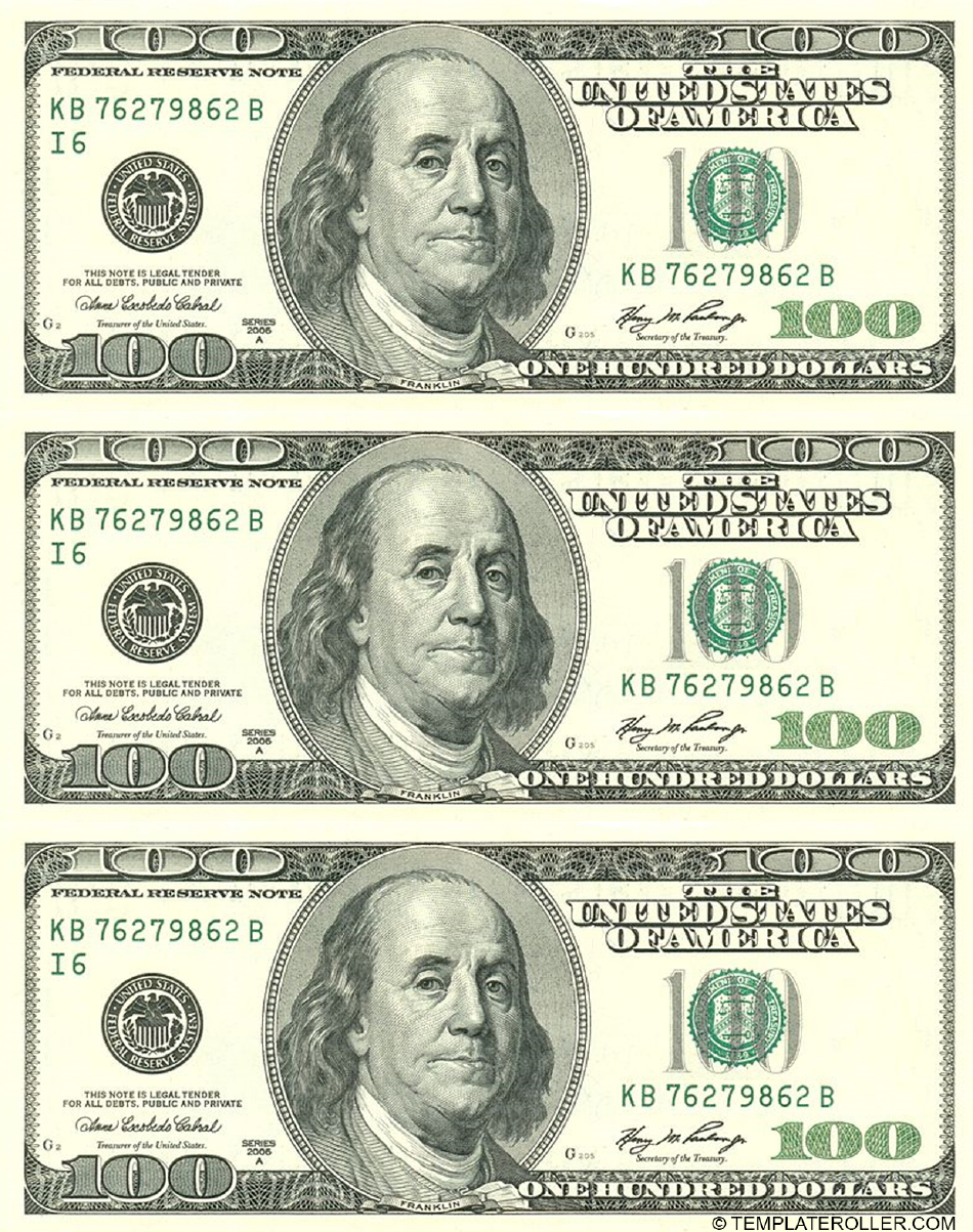 One Hundred Dollar Bill Template Front Download Printable PDF Templateroller