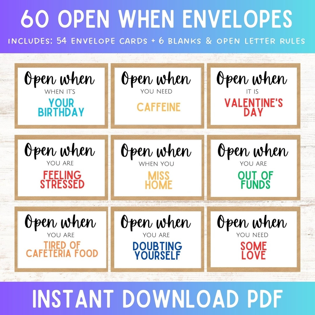 Open When Letters Envelope Cards For College Student Or Going Away Worksheets Library