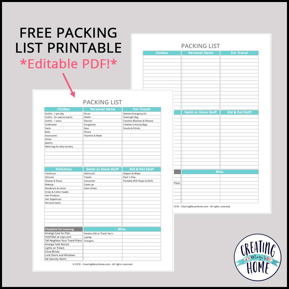 Packing List Printable Editable PDF Creatingmaryshome