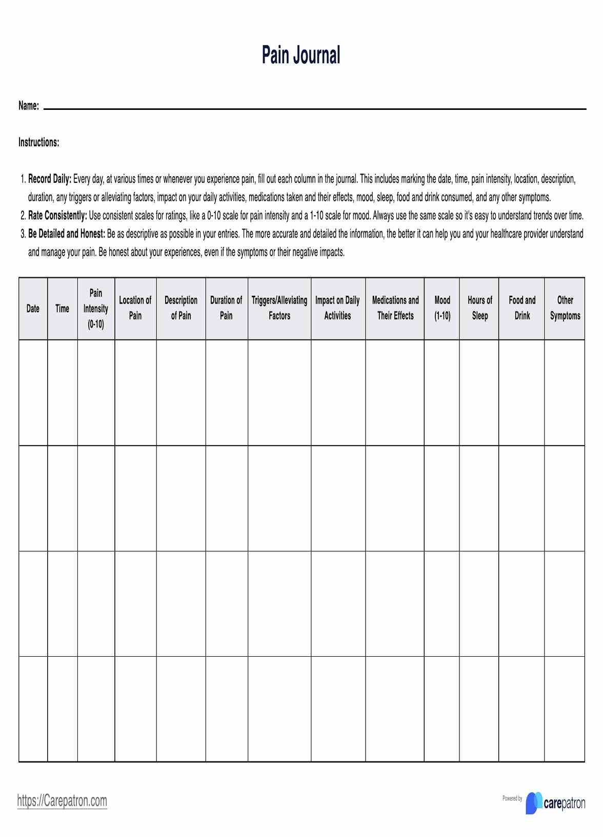 Pain Journal U0026 Example Free PDF Download