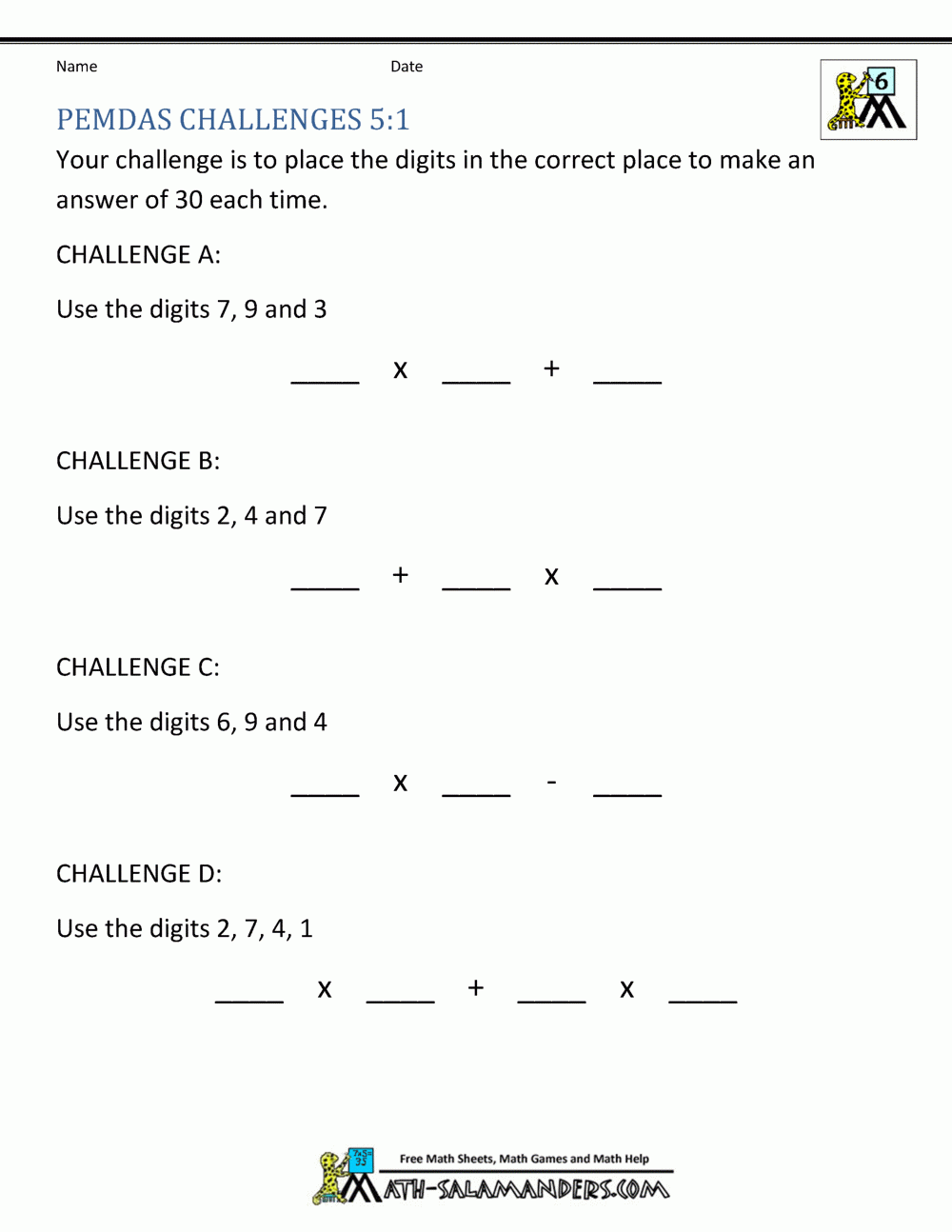Free Printable Pemdas Worksheets