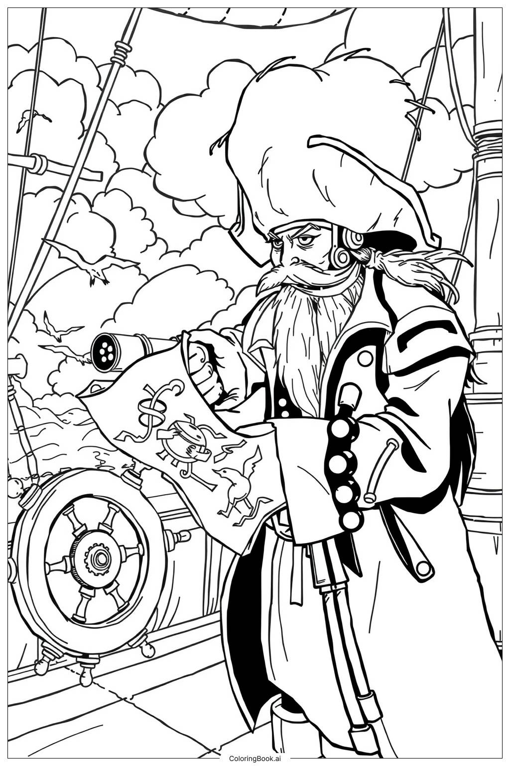 Pirate Captain With Telescope And Map Coloring Page Free PDFu0026PNG 