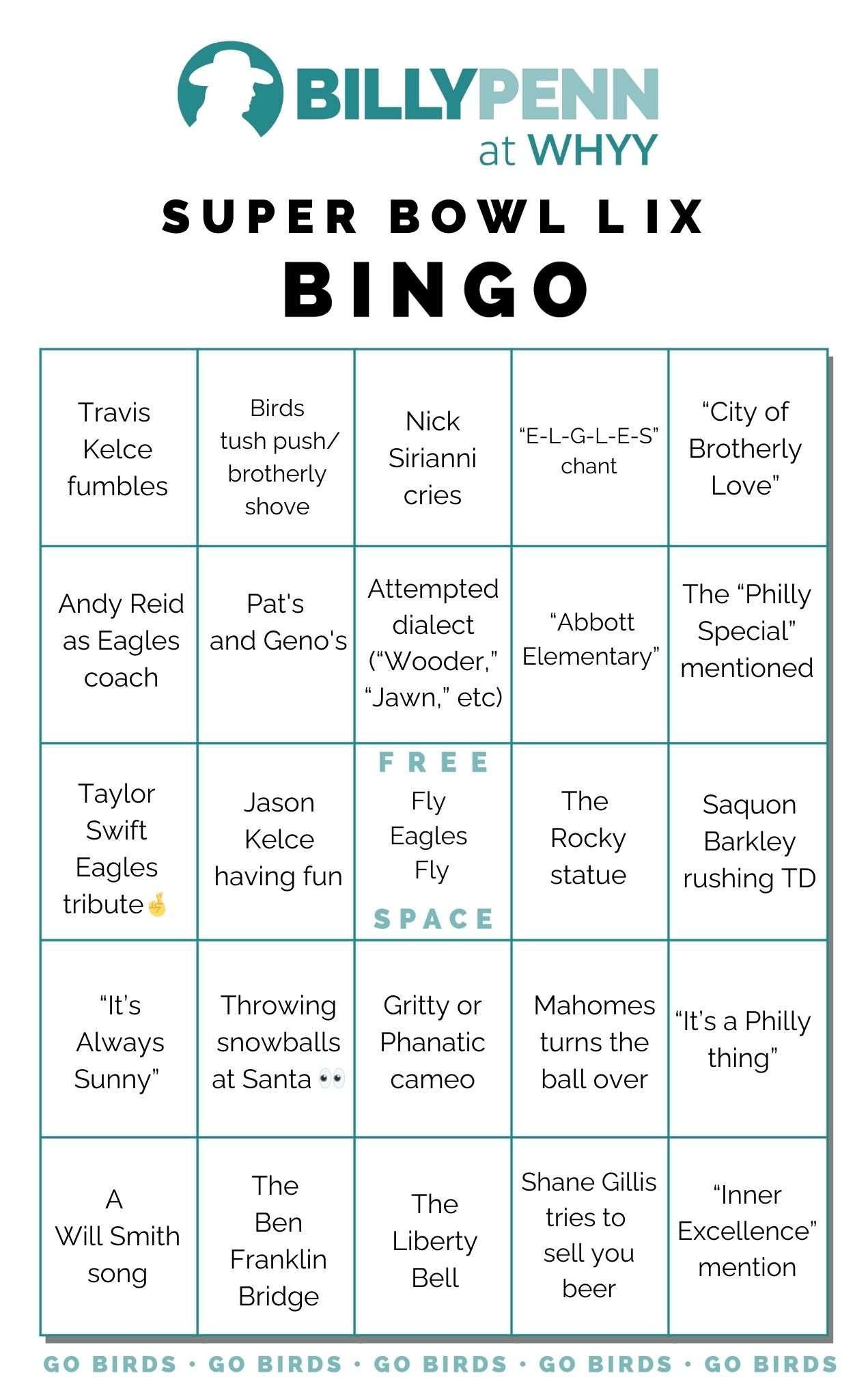 Play Philly Super Bowl 59 Bingo 2 Printable Gameboards