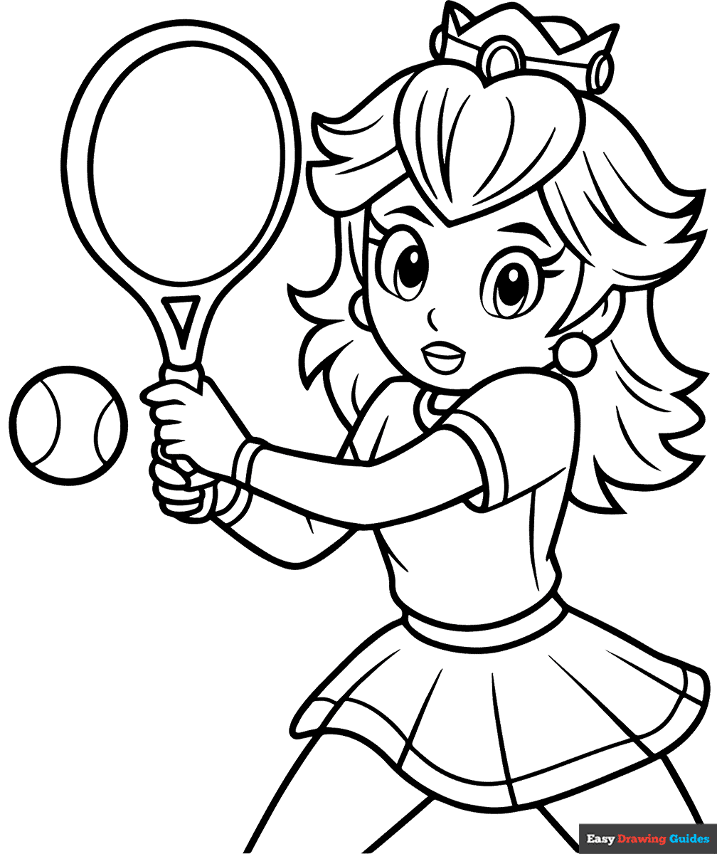 Princess Peach Playing Tennis Coloring Page Easy Drawing Guides