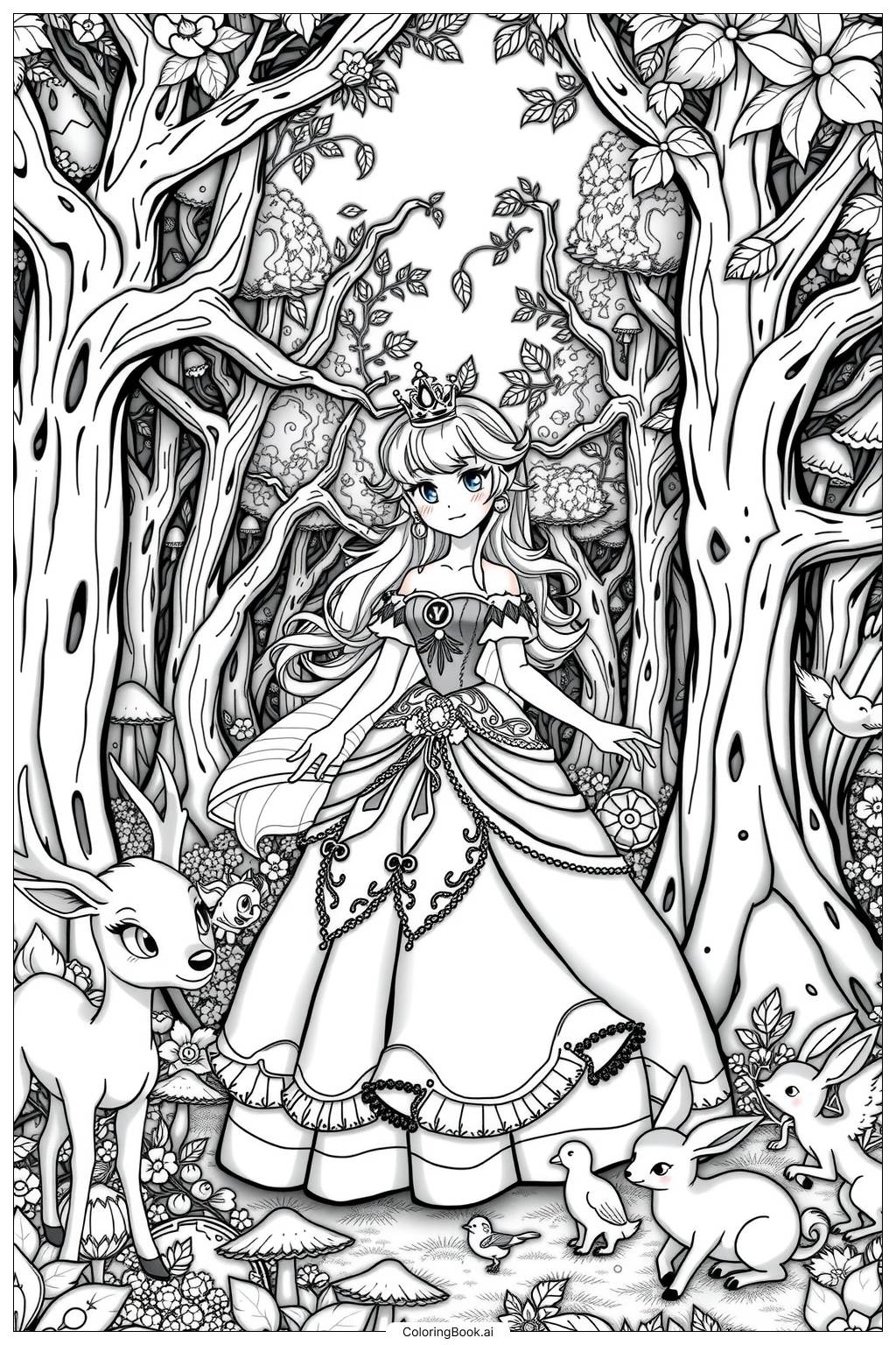 Princess Peach Playing With Woodland Creatures Coloring Page Free PDFu0026PNG Printable 