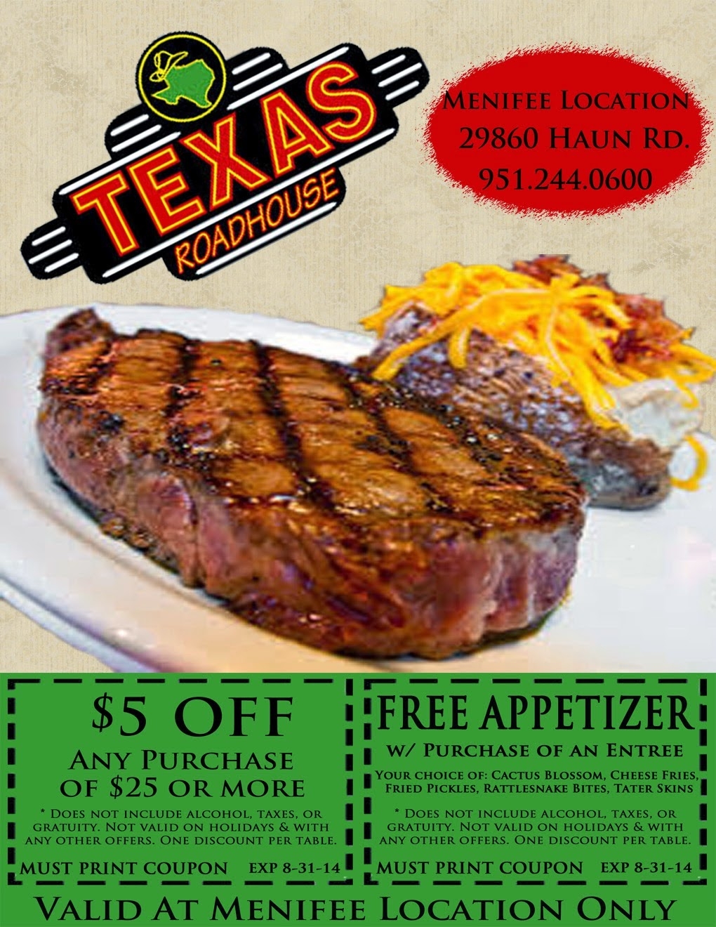 Print Take This Coupon To Texas Roadhouse For Discounts Menifee 24 7