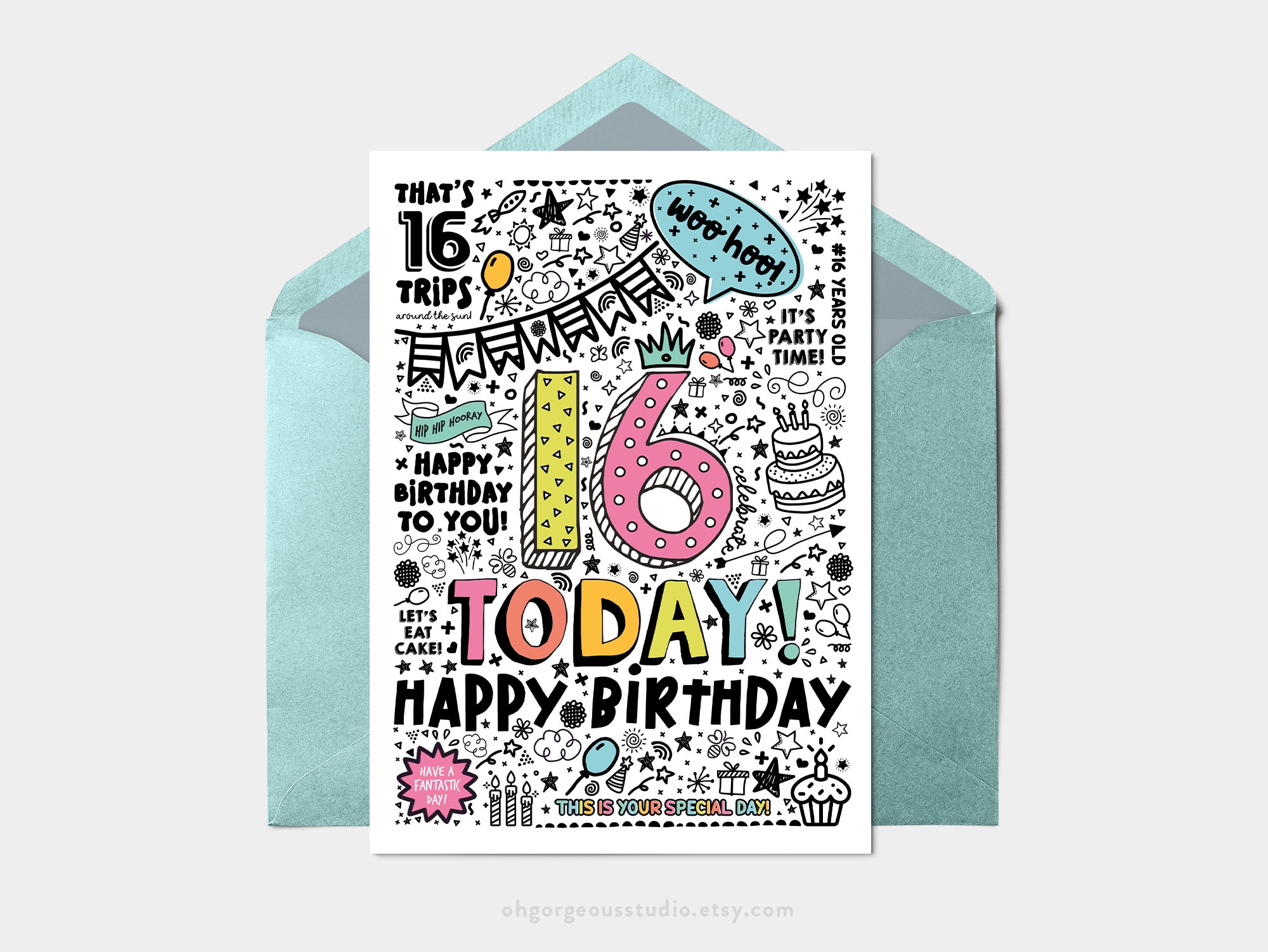 Printable 16th Birthday Card Instant Download Printable Card For 16th Birthday Digital Download Doodle Style Printable Birthday Card Etsy