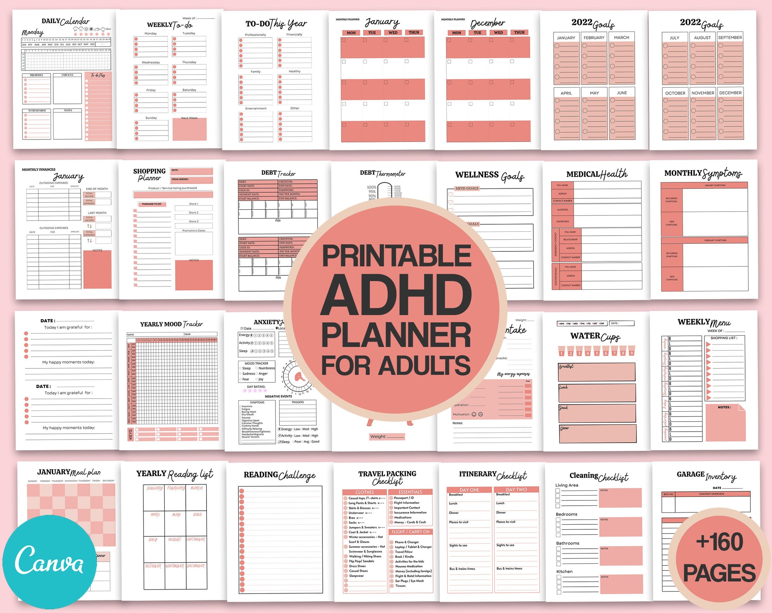 Printable ADHD Daily Planner Template For Adult 160 Canva Editable Interiors Bundle As Print PDF Life Journal