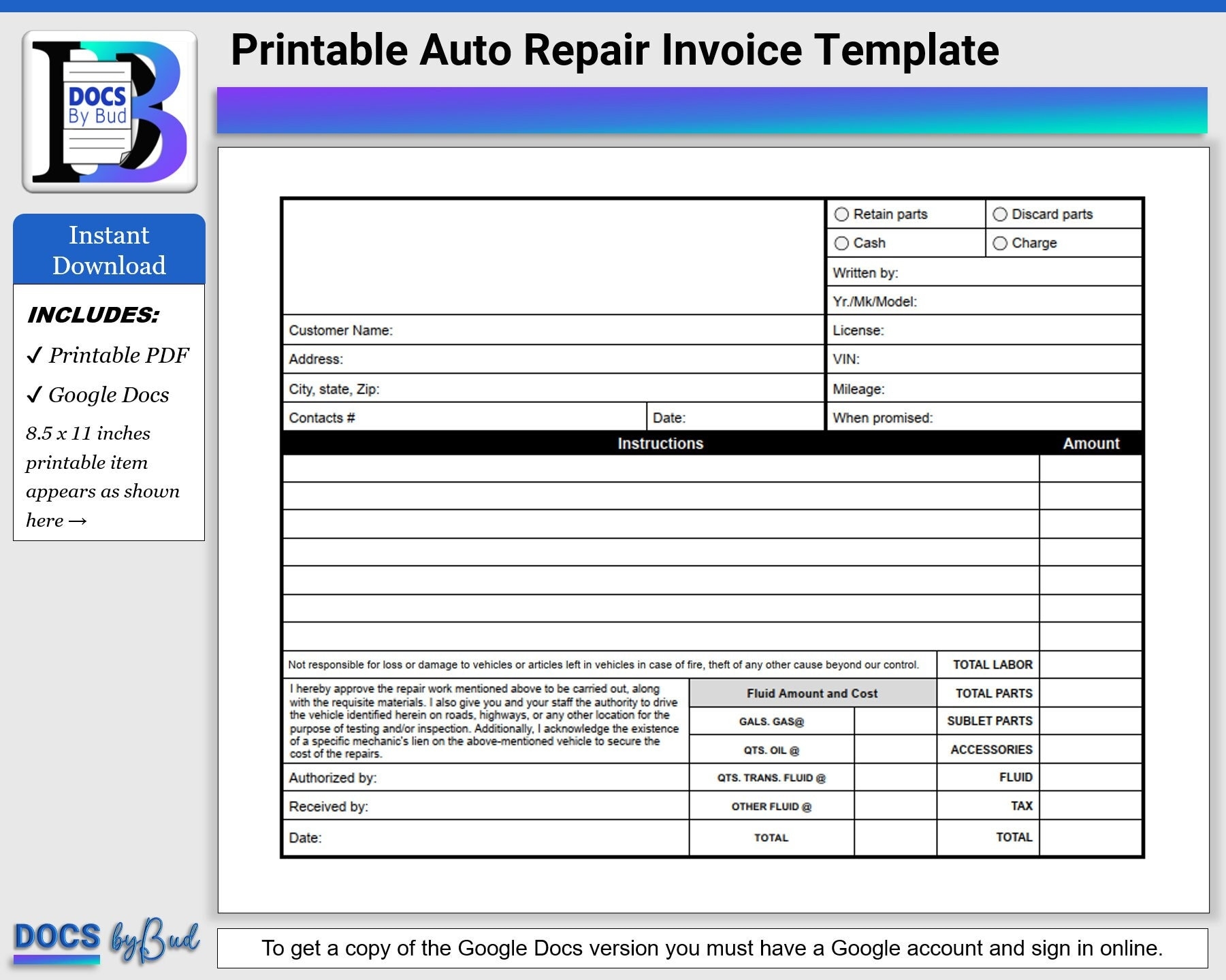 Printable Auto Repair Invoice Template Auto Repair Template Downloadable GOOGLE DOCS Or PDF Printable Auto Repair Estimate For Vehicles Etsy UK