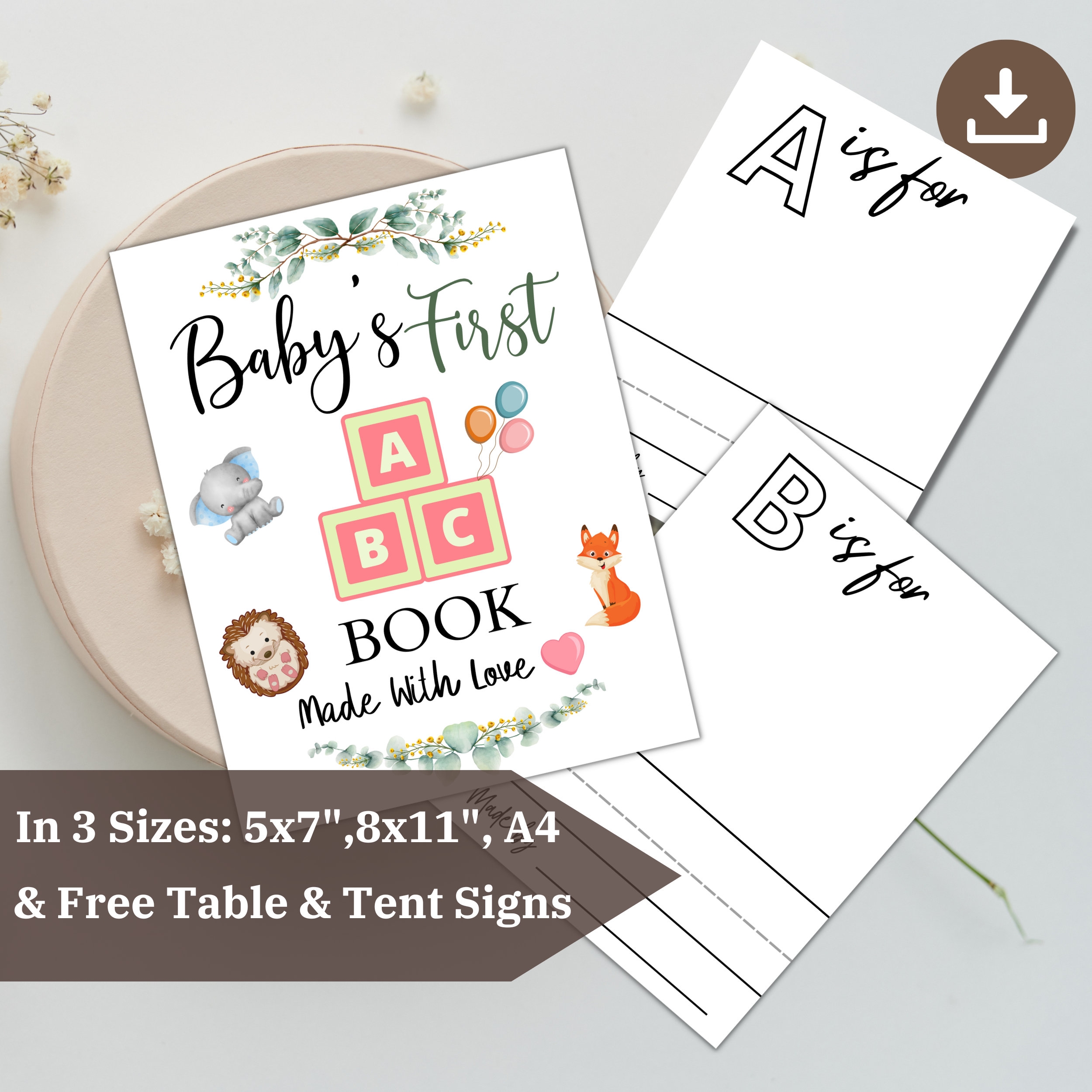 Printable Baby Shower ABC Book Template Alphabet Cards DIY Baby Shower Activity ABC Coloring Pages Greenery Baby Guest Book Etsy