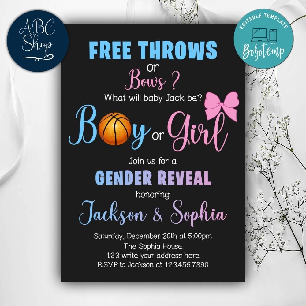 Printable Basketball Free Throws And Bows Gender Reveal Invites Bobotemp