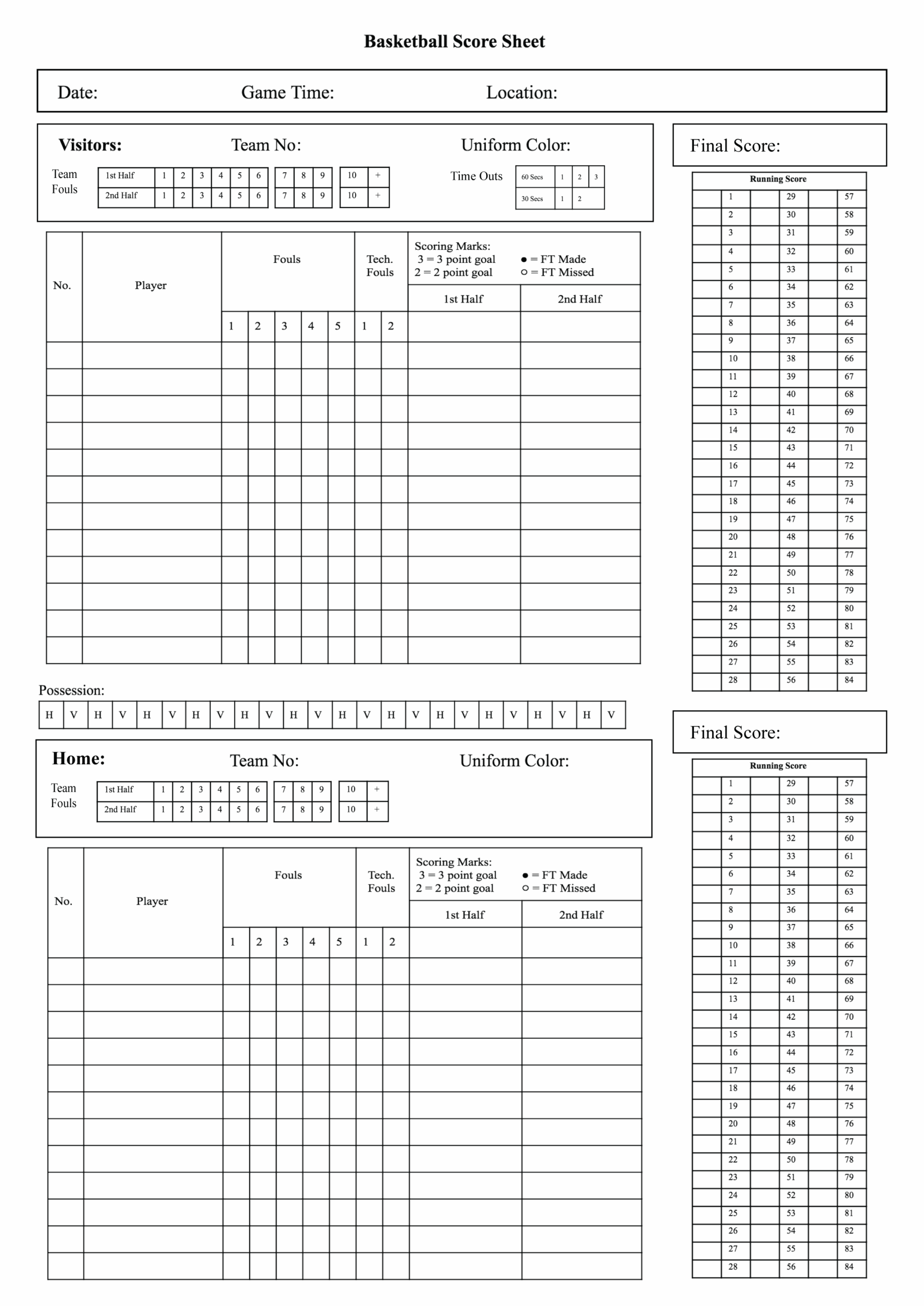 Basketball Stat Sheets Printable Free
