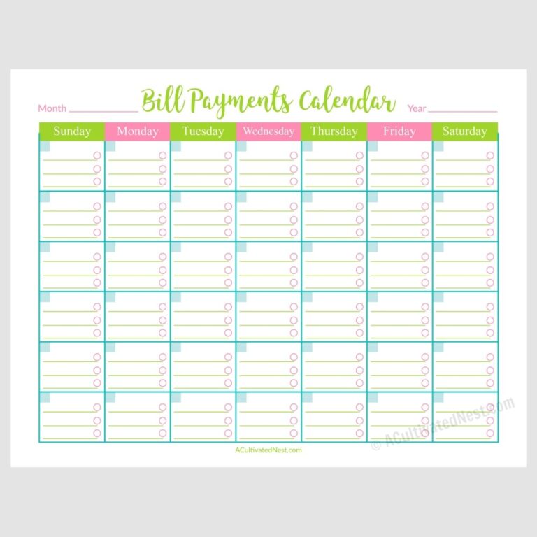 Printable Bill Payments Calendar