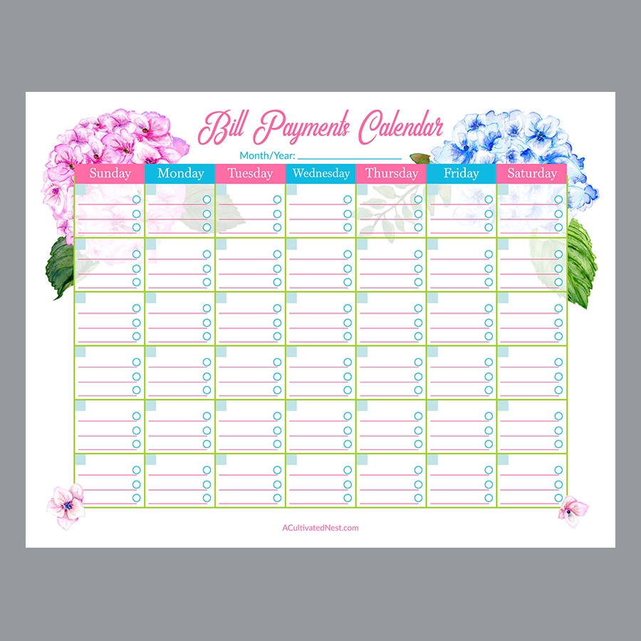 Printable Bill Payments Calendar Hydrangeas