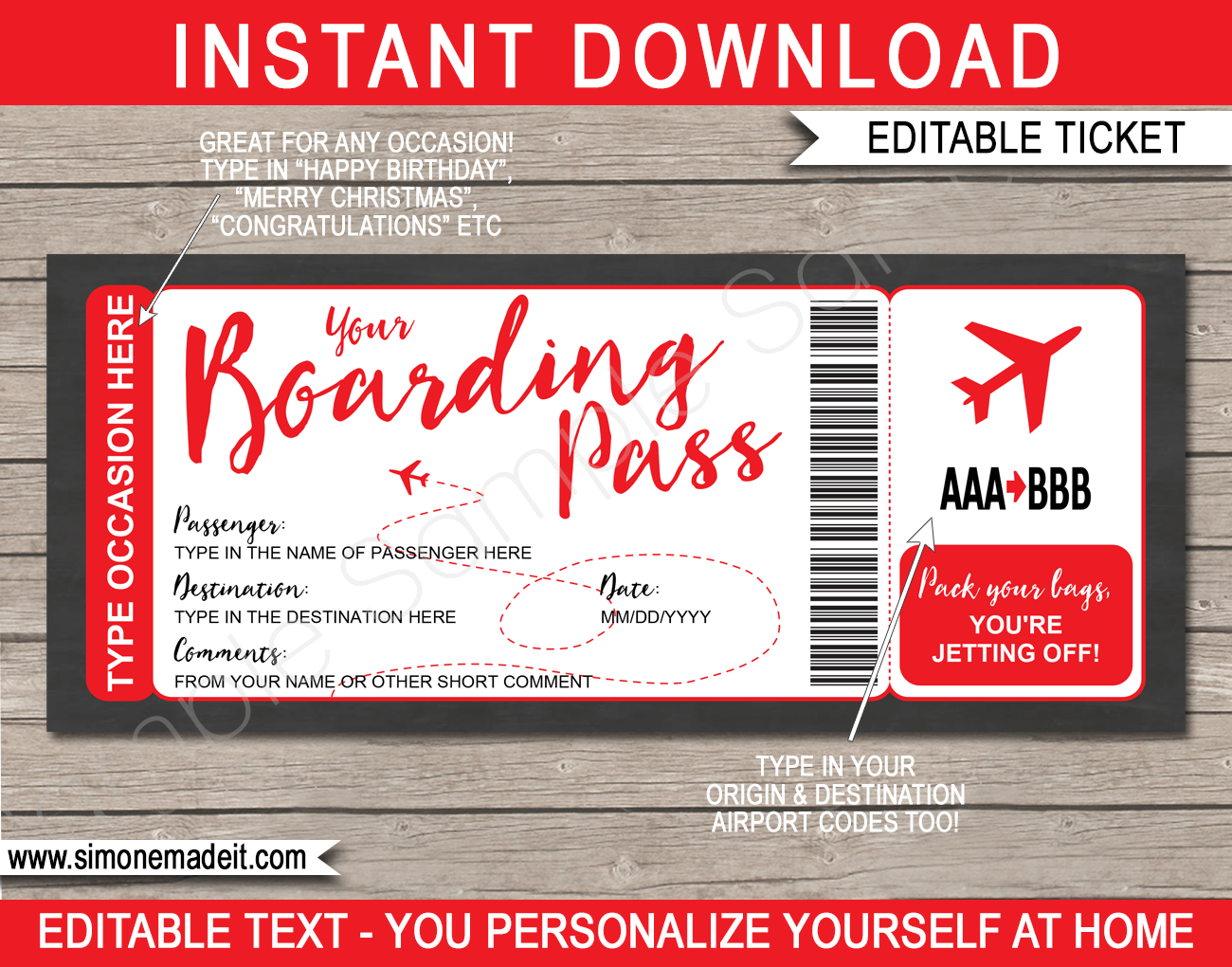 Printable Boarding Pass Template Surprise Trip Reveal Fake 