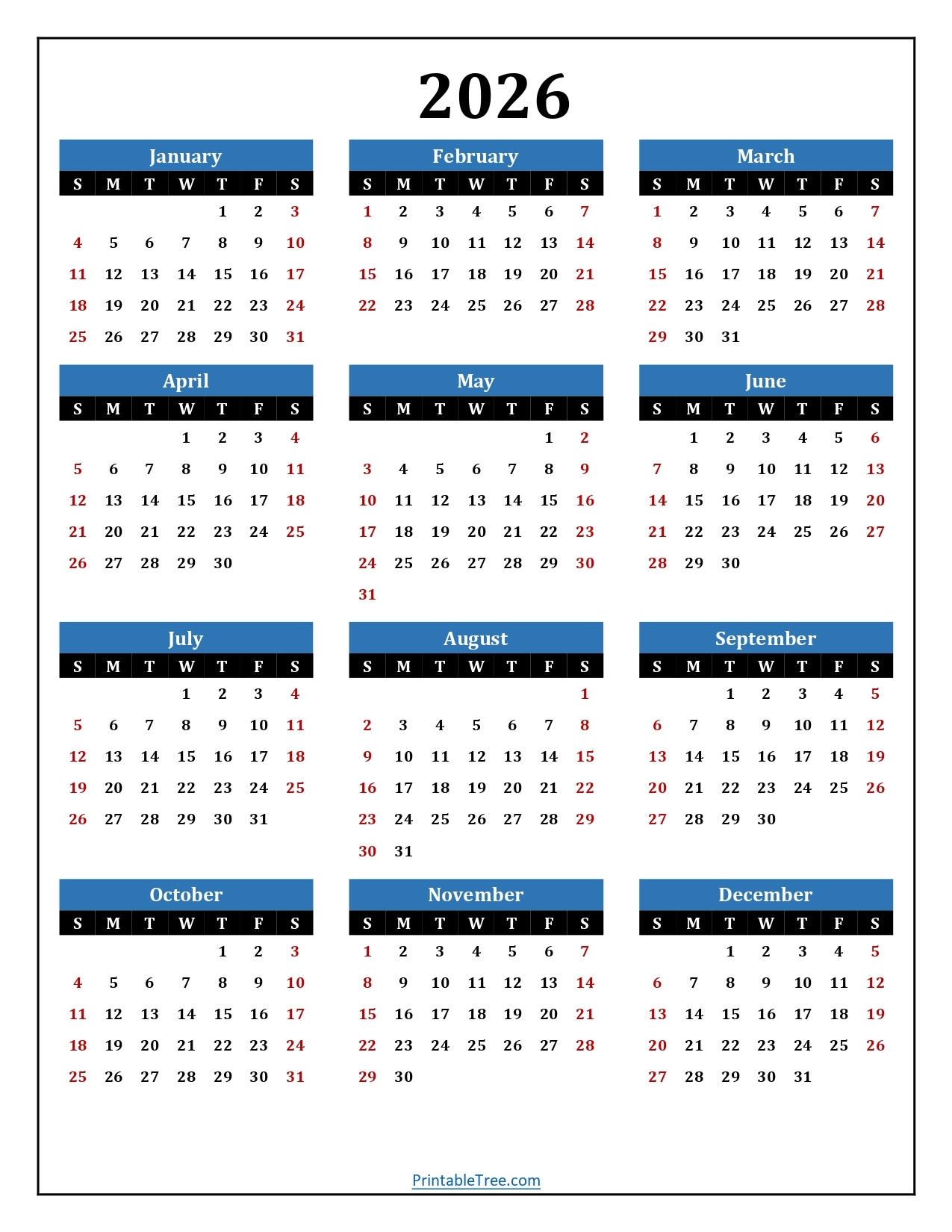 Printable Calendar 2026 One Page With Holidays Single Page 2026 Yearly Blank PDF Templates