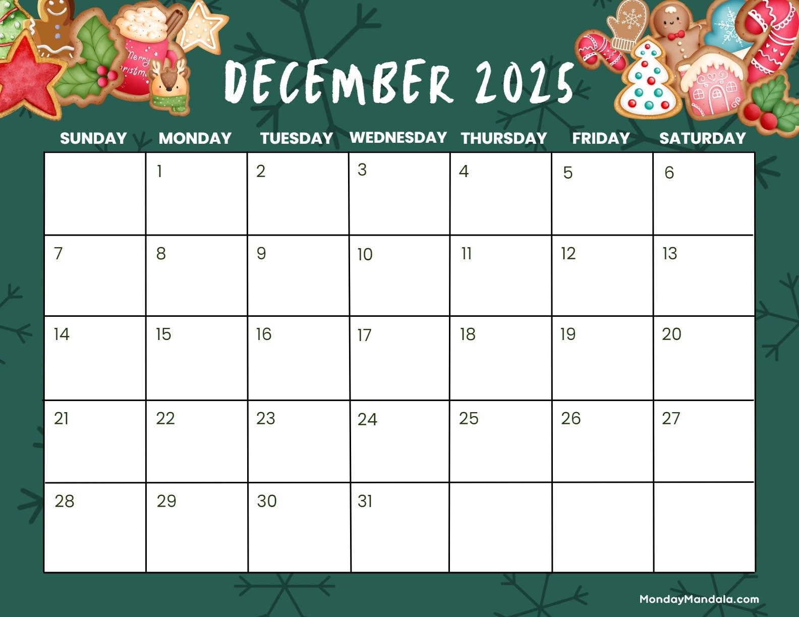 Free Printable December 2025 Calendar