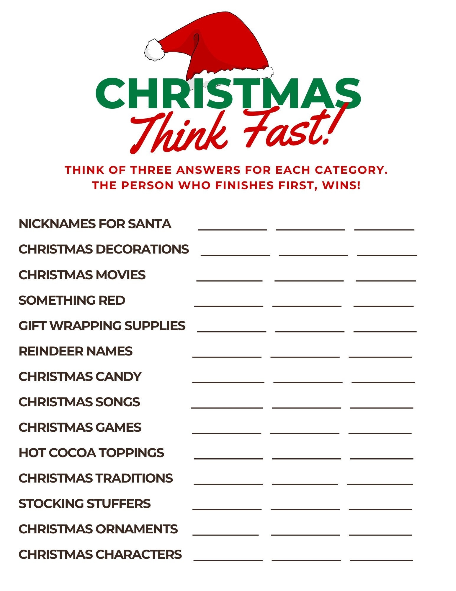 Printable Christmas Think Fast Game Christmas Day Activity Holiday Games Fun Holiday EASY Instant Download NOW Etsy