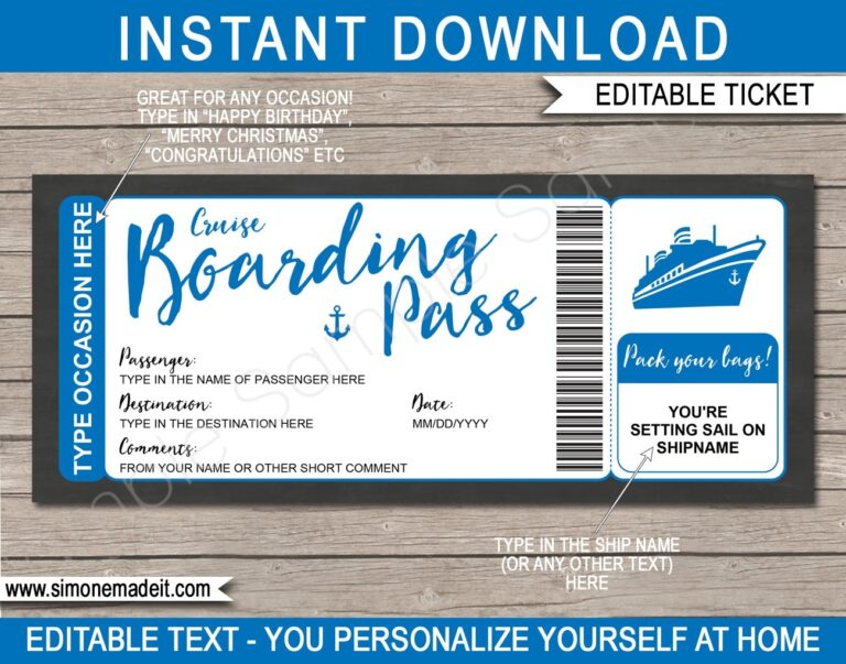 Printable Cruise Ticket Template Boarding Pass Gift Voucher Surprise Cruise Reveal Coupon Card Idea Blue Boat EDITABLE TEXT DOWNLOAD Etsy