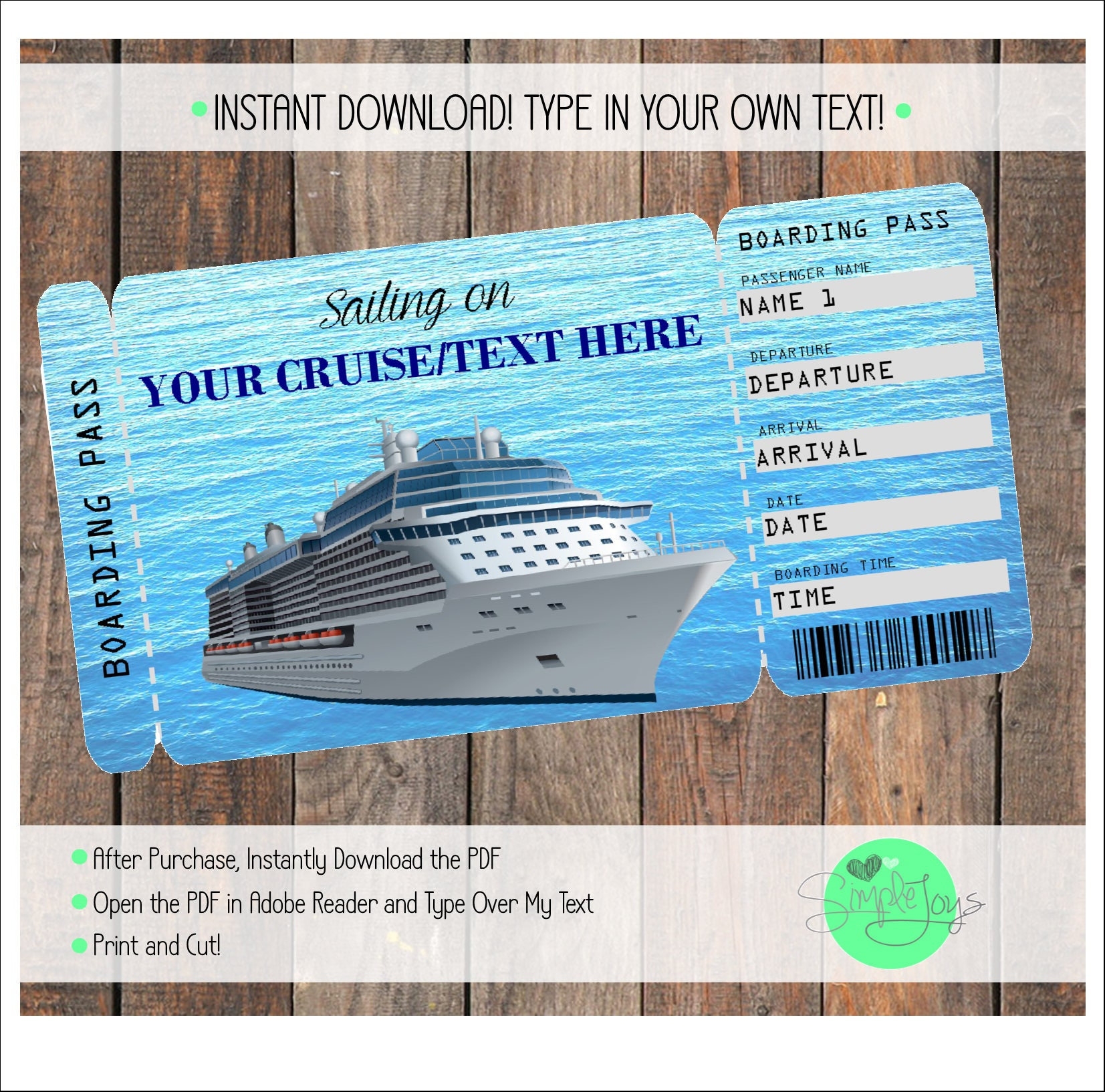 Printable Cruise Vacation Surprise Ticket Boarding Pass Customizable Template Digital PDF File You Fill And Print