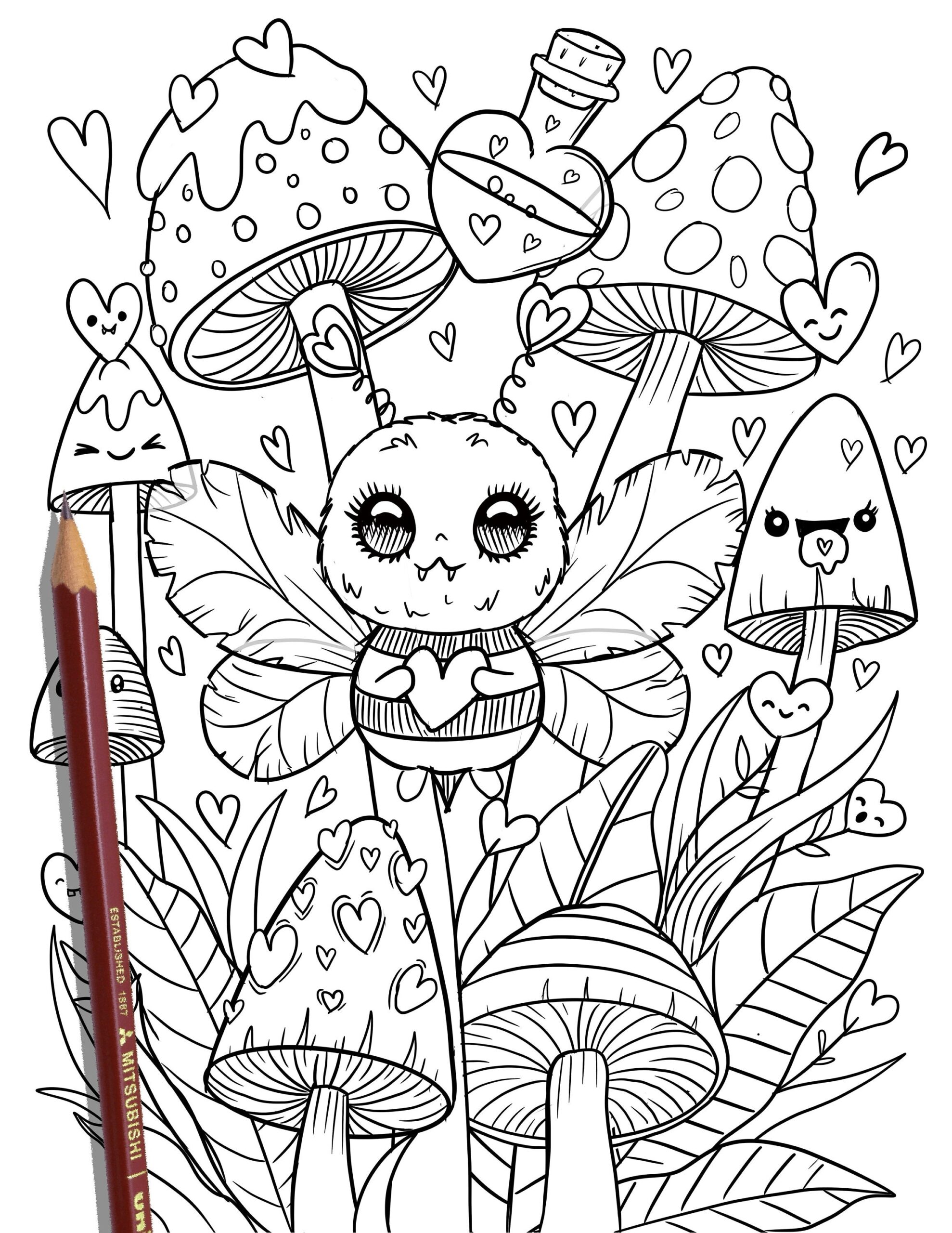 PRINTABLE Cute Kawaii Coloring Page Hand Drawn Coloring Sheet Cute Doodles Coloring Page Kids Coloring Page Adult Coloring