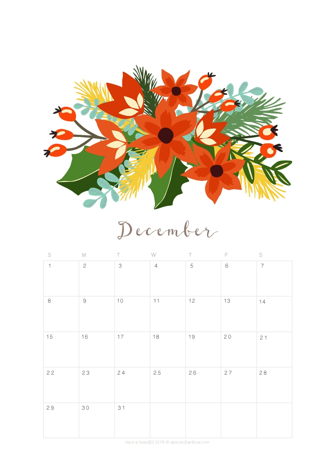 Printable December 2019 Calendar Monthly Planner 2 Designs Flowers U0026 Modern A Piece Of Rainbow