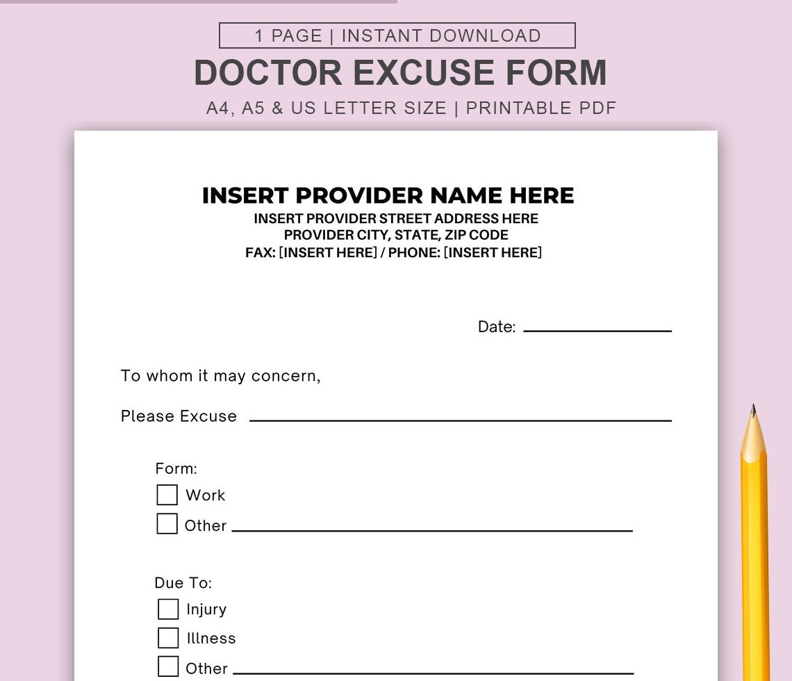 Printable Doctor Excuse Template Medical Office Forms Work Excuse Form Etsy UK