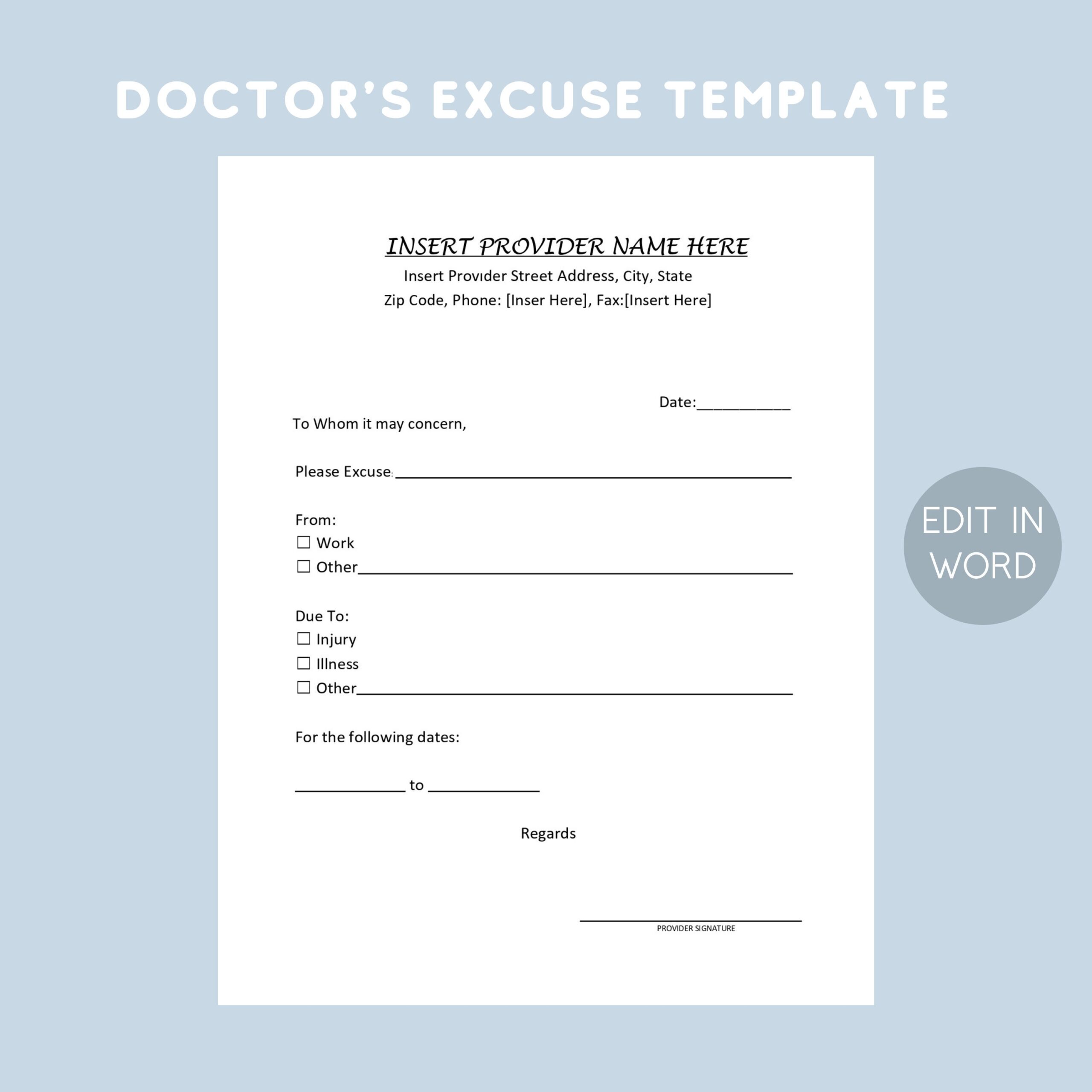Printable Doctors Excuse Template EDITABLE Medical Office Forms 