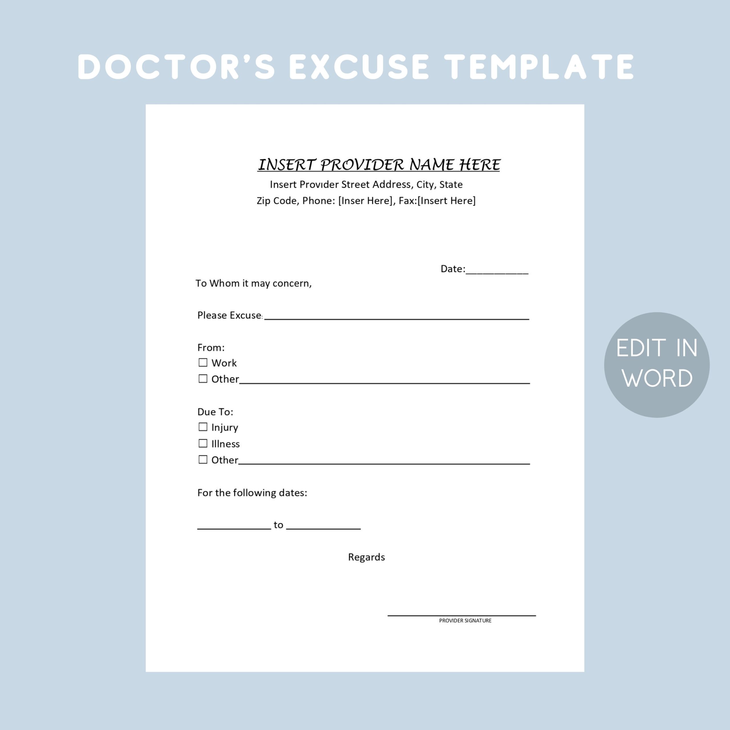 Printable Doctors Excuse Template EDITABLE Medical Office Forms Work Excuse Printable Digital Downloads School Excuse Note DOCX