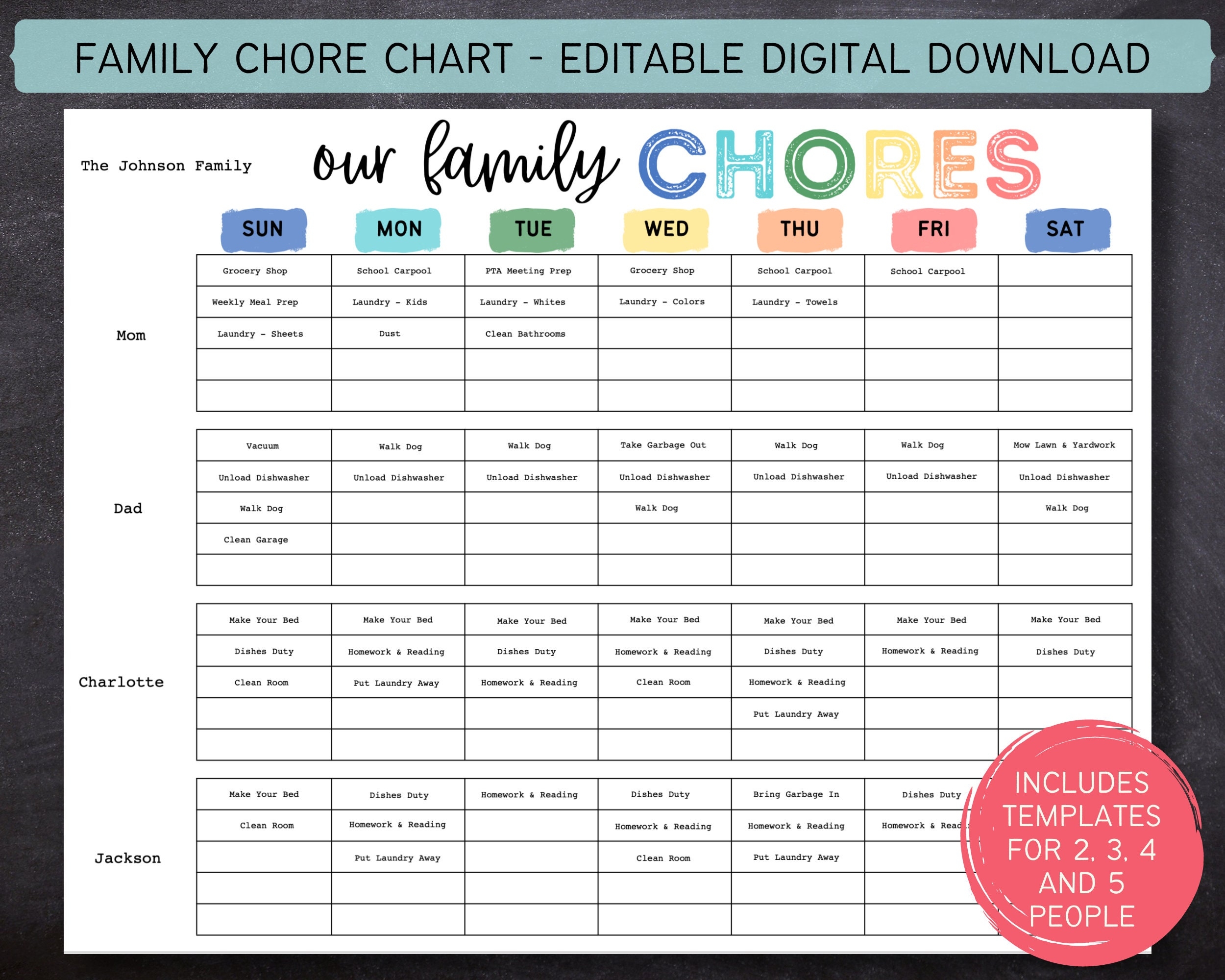Printable Editable Weekly Family Chore Chart Family Planner 