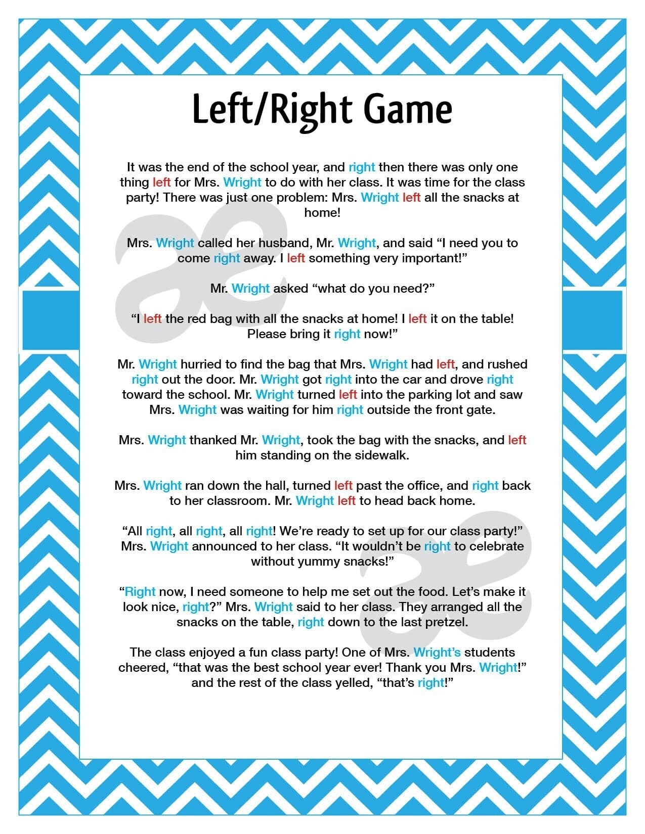 Printable End Of School Game Left Right Game Instant Download Teal Chevron