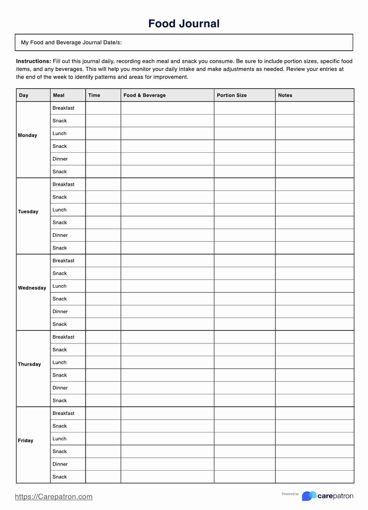 Printable Food Journal U0026 Example Free PDF Download