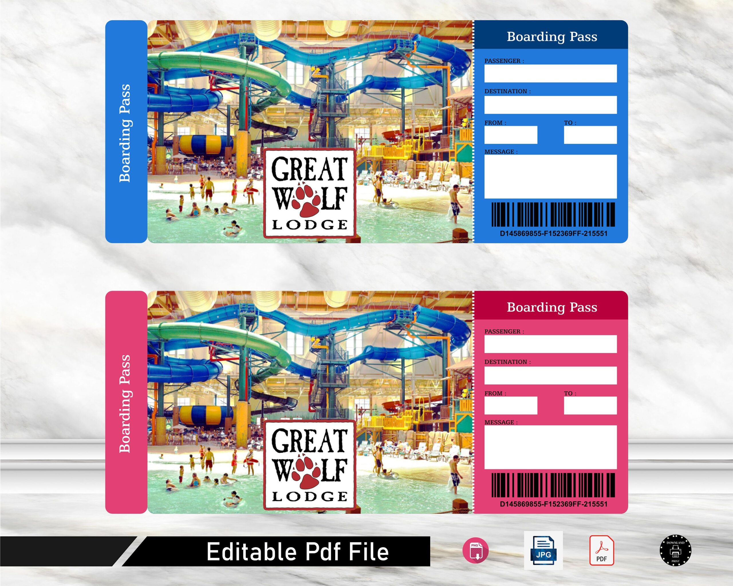 Printable Great Wolf Lodge Surprise Trip Gift Ticket Amucement Park Boarding Pass Trip Ticket Keepsake Instant Download Editable PDF